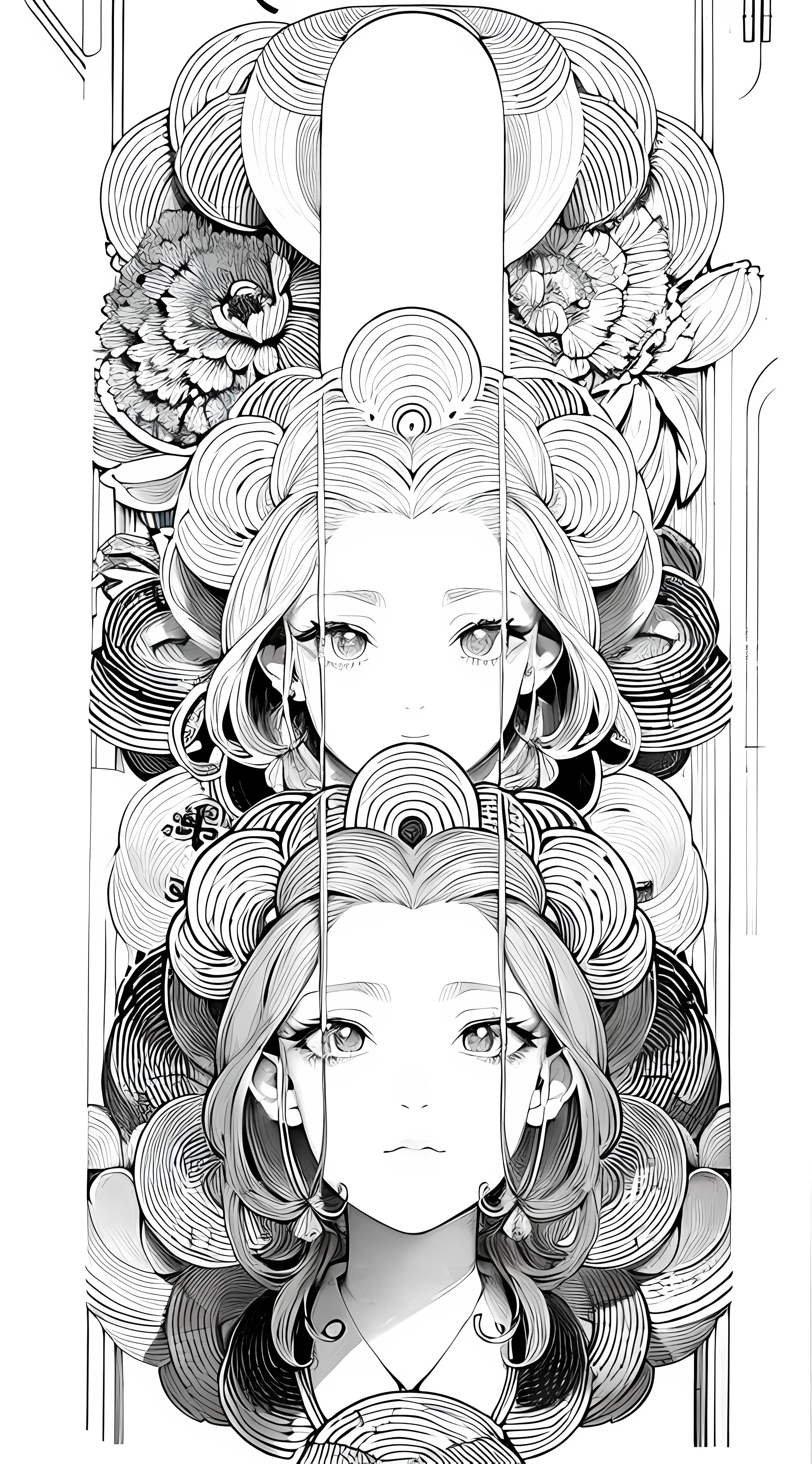 Detail face, line drawing, monochrome, line drawing children, Hanfu, white hair, peony flowers, white background,