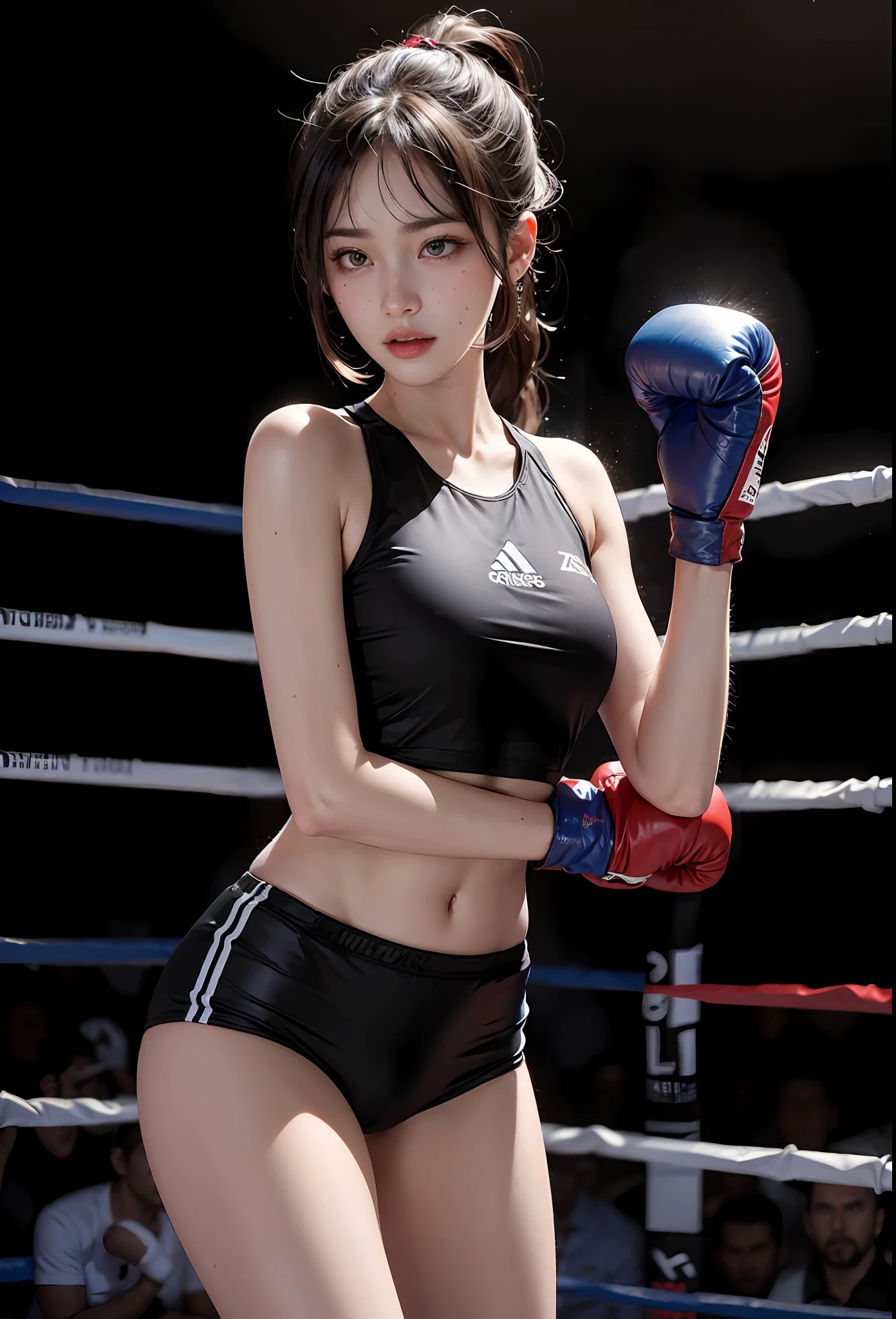 1girl, flowing long ponytail, wearing boxing gloves, sportswear, female boxer, looking at the camera, sweating, raised fists,