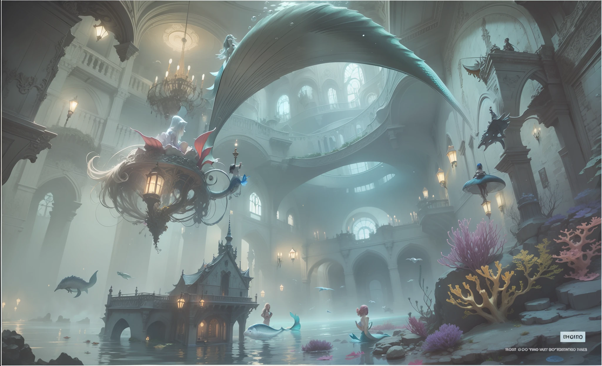 Several mermaids surround an underwater palace.