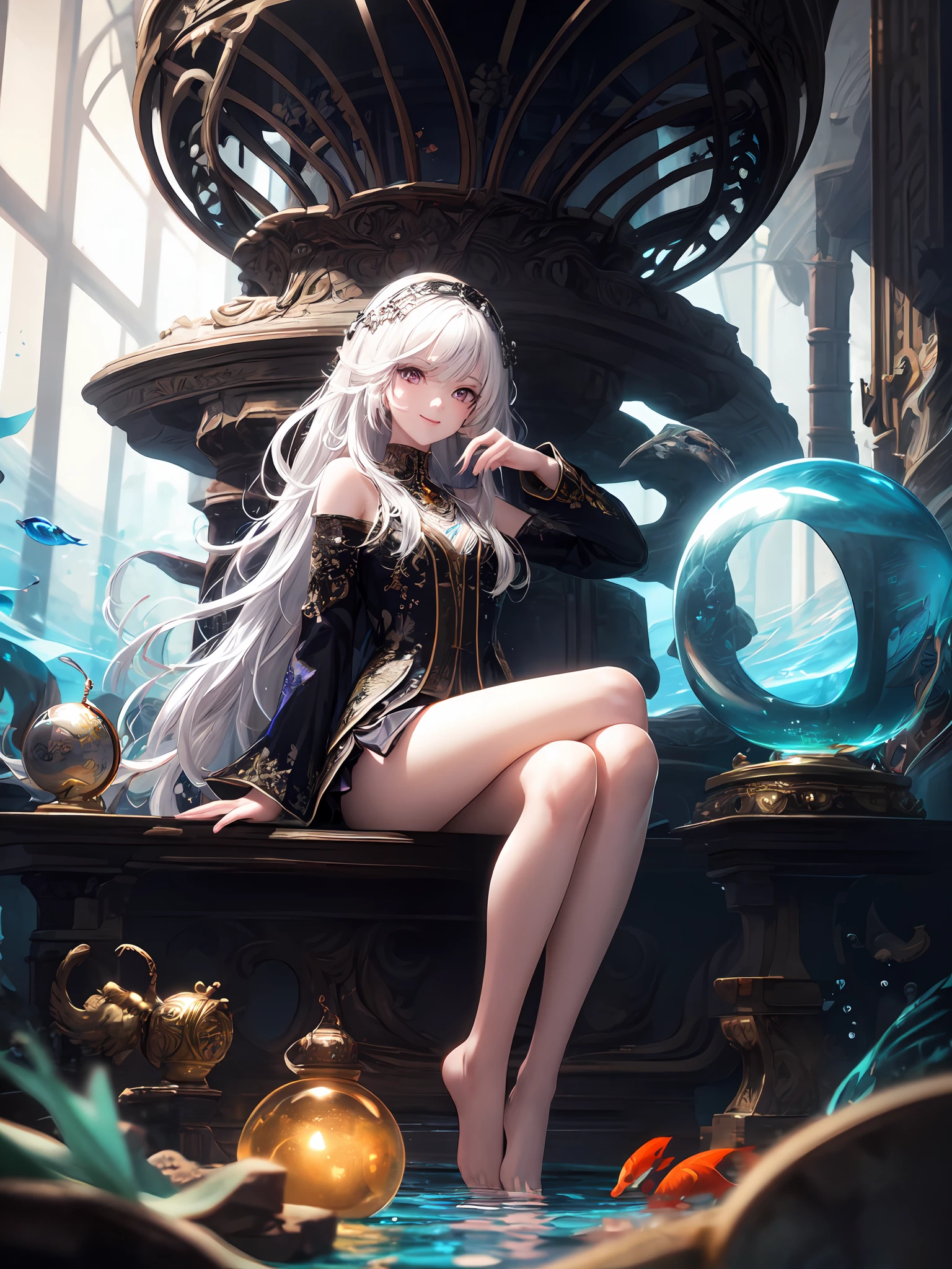 [(Transparent background:1.5)::5],(((masterpiece))),(((best quality))),(((extremely detailed))),illustration, 1girl,solo,mysterious,vivid color,shiny, underwater transparent sealed hemispherical glass dome, (white hair),(purple eyes), full body,barefoot,long hair tranquil nature, koi,Underwater, Dome,close up,Dynamic actions,Lens perspective,(((Box composition))),sit cross-legged and lean against the bookshel, volumetric lighting, multi-color eyes, detailed eyes, hyper detailed,light smile, highly detailed, beautiful, small details, ultra detailed, best quality, intricate, 4k, 8k, trending on artstation, good anatomy, beautiful lighting, award-winning,