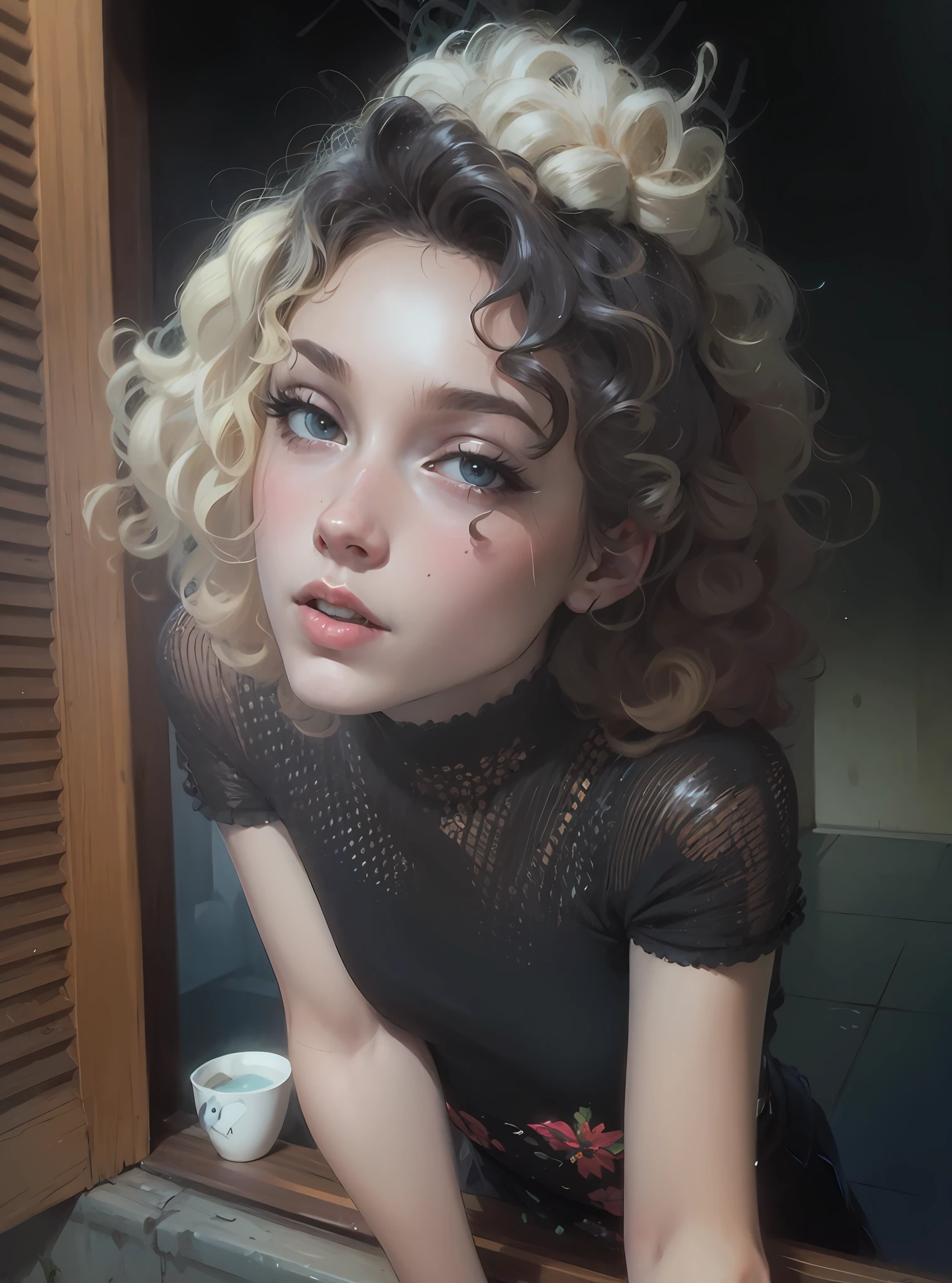 girl with short curly blonde hair, by Nándor Katona, curly blonde hair | d & d, pale skin curly blonde hair, curly blonde, inspired by Elsa Bleda, very curly blonde hair, messy curly hair, curls on top, around 1 9 years, curly hair