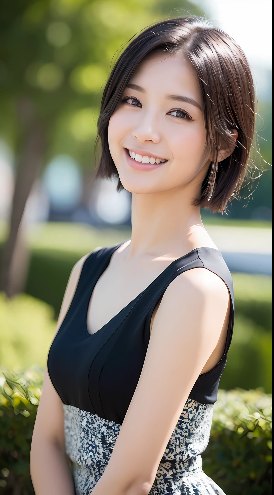 ((top quality, 8k, masterpiece: 1.3)), Sharp Focus: 1.2, Perfect Body Shape Pretty Woman: 1.4, Slender, Short Hair, Black Hair, Small: 1.8), White Sleeveless Shirt, Highly Detailed Face and Skin Texture, Detailed Eyes, Double Eyelids, Smile, Bokeh,