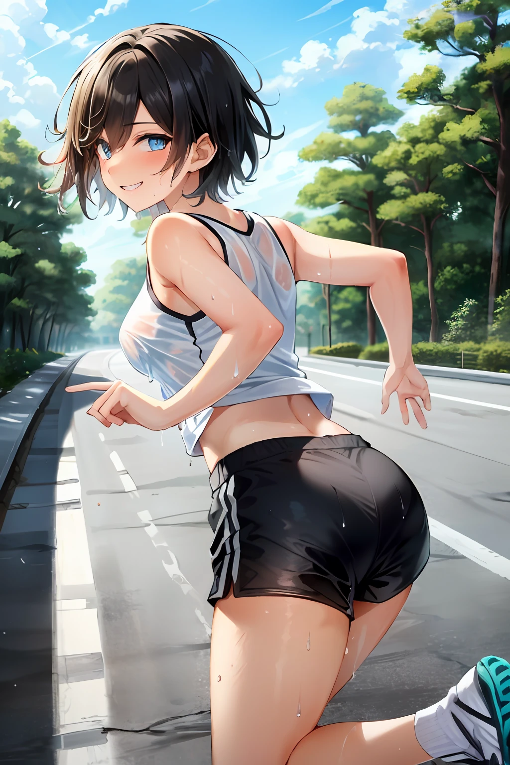 masterpiece, sweat, soaked, black hair, short hair, blue eyes, best quality, hi-res, solo, short hair,look at viewer, wicked smile, ass facing you, running action and elegance, white gymnastics shorts, white hot pants, wet pants, white running shirt, wet shirt, red line, sleeveless, big, park, outdoors