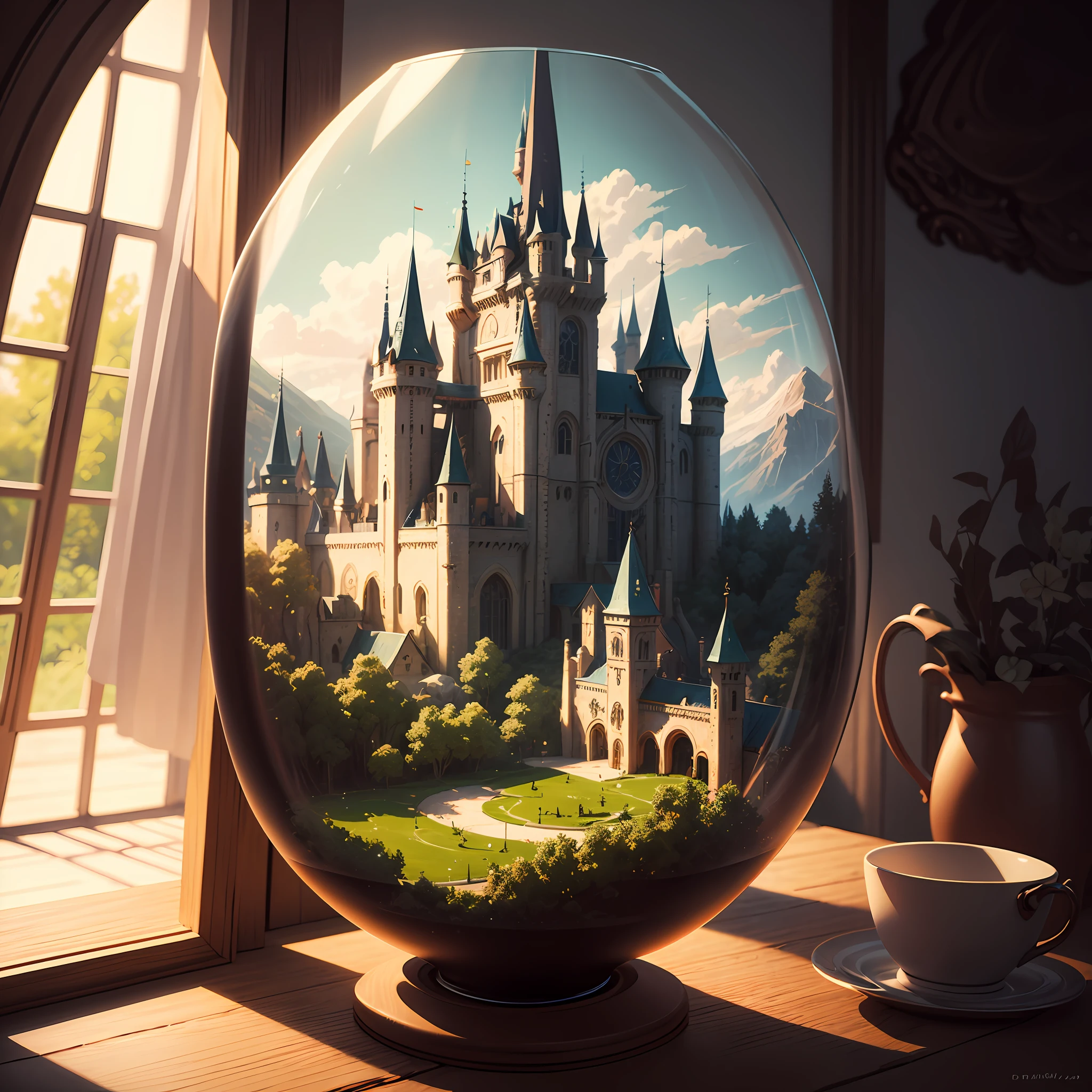 Fairytale fantasy landscape inside a glass cup. Digital art. Digital painting. Very detailed. Vivid colors --auto