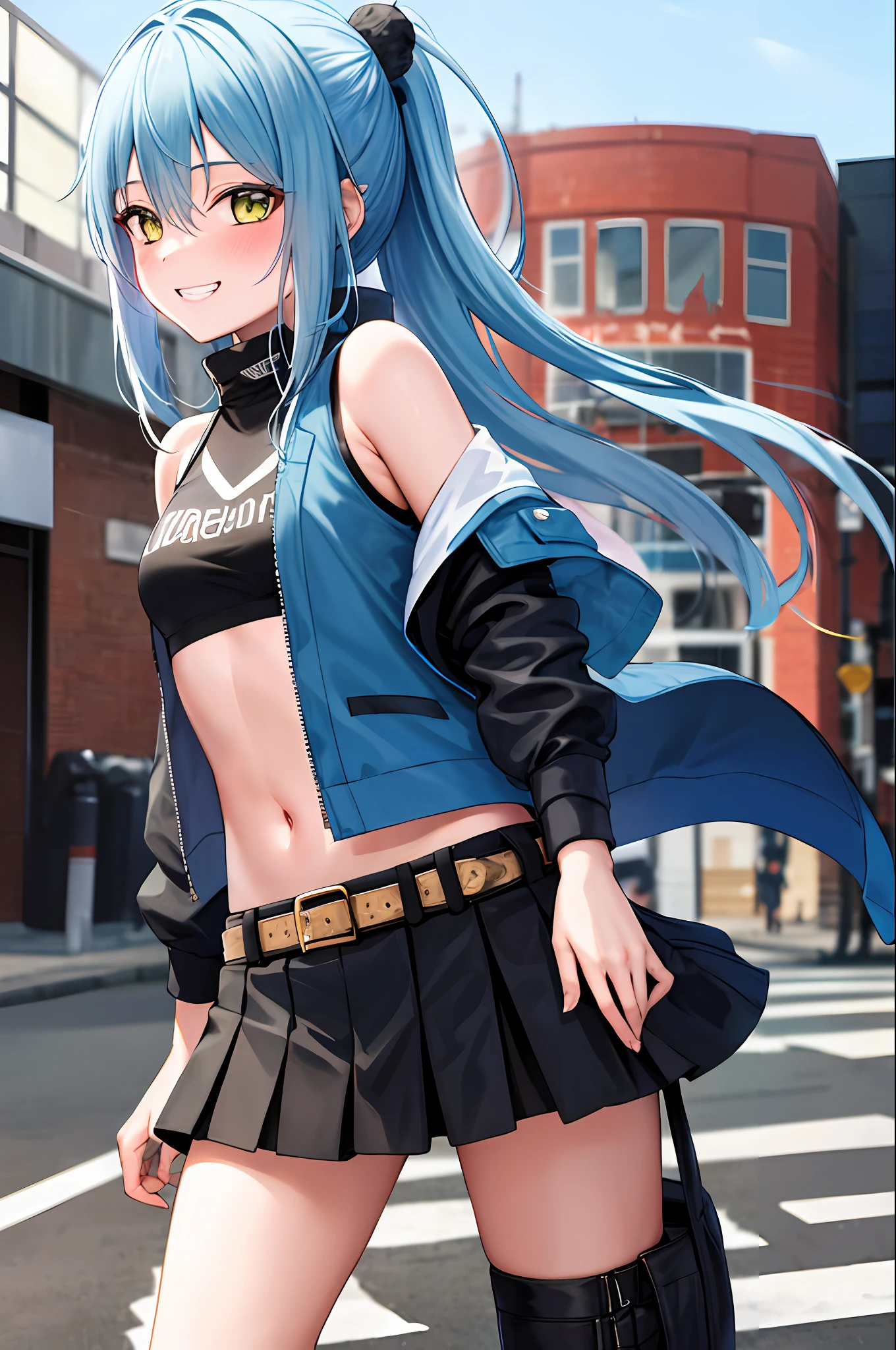 masterpiece, best quality, highres, rimuru tempest, blue hair, long hair, medium breasts, jacket, crop top, bare shoulder, show stomach, belt, pleated skirt, cowboy shot, standing, looking at viewer, city road, outdoor, modern city road, blush, shy, smile, show teeth,