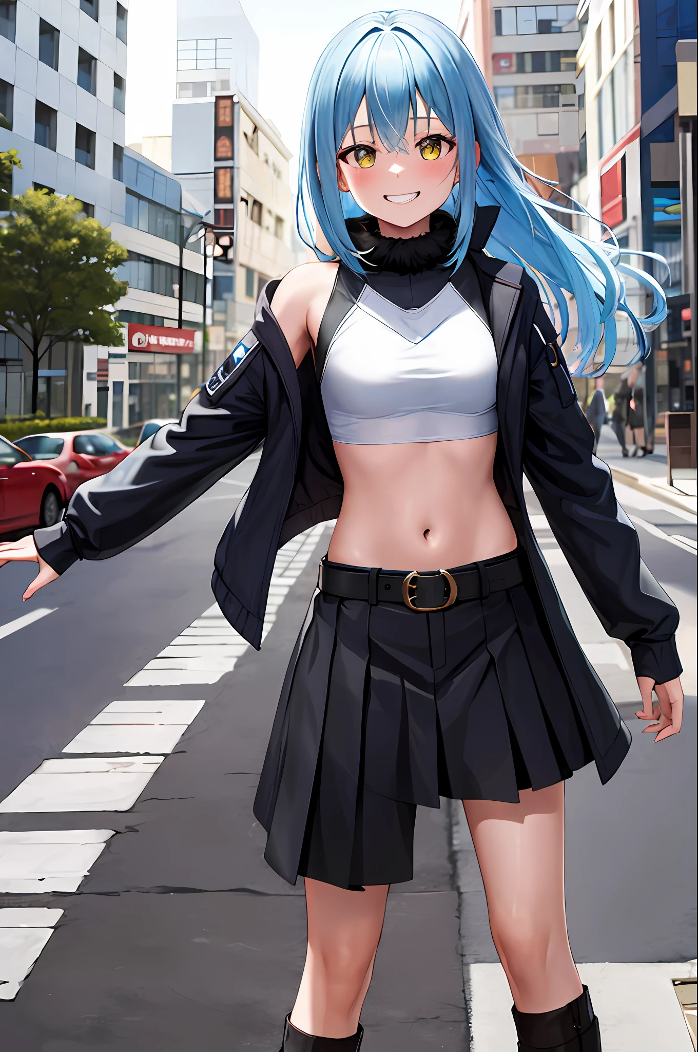 masterpiece, best quality, highres, rimuru tempest, blue hair, long hair, medium breasts, jacket, crop top, bare shoulder, show stomach, belt, pleated skirt, cowboy shot, standing, looking at viewer, city road, outdoor, modern city road, blush, shy, smile, show teeth,