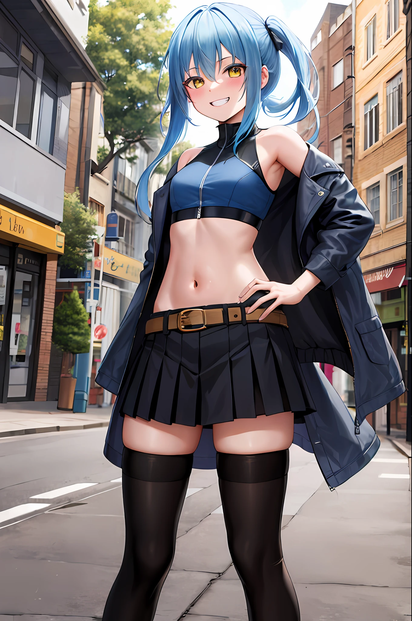 masterpiece, best quality, highres, rimuru tempest, blue hair, long hair, medium breasts, jacket, crop top, bare shoulder, show stomach, belt, pleated skirt, cowboy shot, standing, looking at viewer, city road, outdoor, modern city road, blush, shy, smile, show teeth,