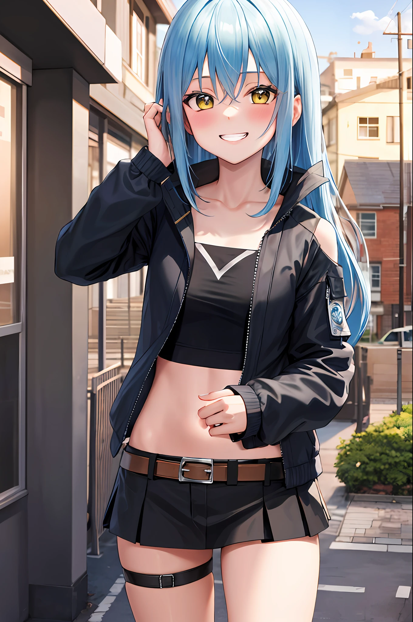 masterpiece, best quality, highres, rimuru tempest, blue hair, long hair, medium breasts, jacket, crop top, bare shoulder, show stomach, belt, pleated skirt, cowboy shot, standing, looking at viewer, city road, outdoor, modern city road, blush, shy, smile, show teeth,