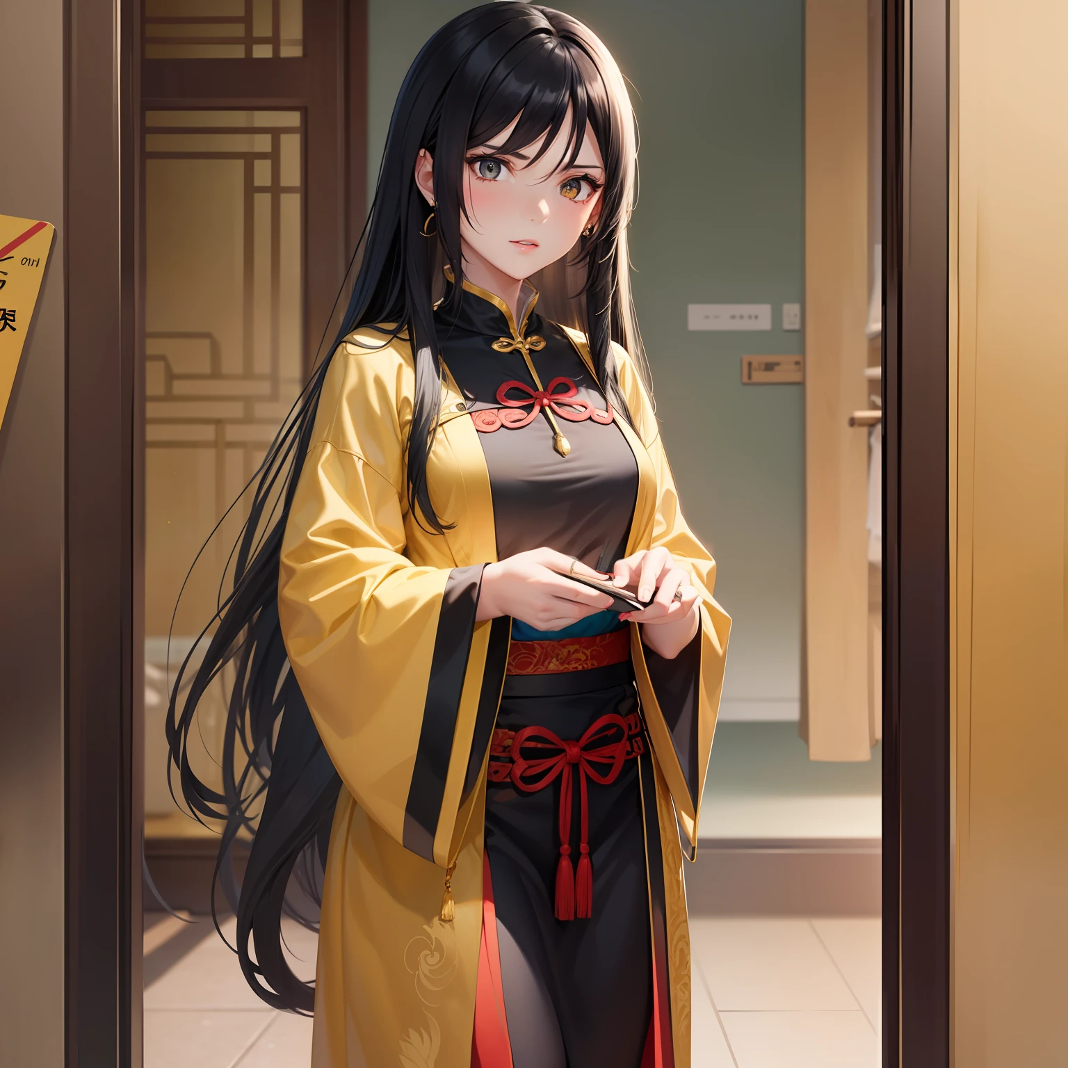 A tall beautiful girl with long black hair and dressed in yellow-red clothes explained affectionately.