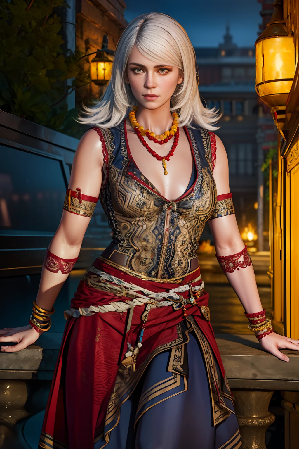 kmzW3 girl, white hair, yellow eyes, dress, skirt, bead necklace, cleavage, Ultra-realistic 8K CG, thin waist, masterpiece, ((ultra-detailed background, delicate pattern, intricate details)), best quality, intricate details, 1girl, solo, dim lighting