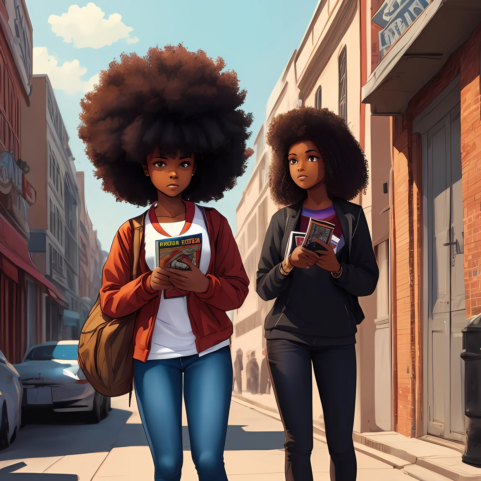 young high school black girl standing in the middle of town, 2d character, young black girl, high school, afro hair, cool, comic book style, comic book style art --auto