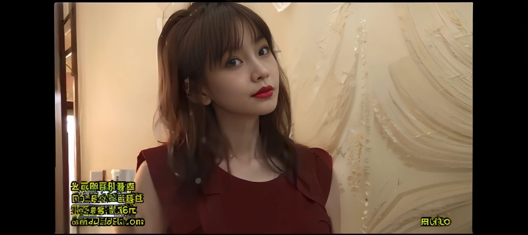a close up of a woman in a red dress standing in front of a wall, ayami kojima amano, 奈良美智, in a japanese apartment, asuka, ayaka, chiho, 3 0 years old woman, 30 years old woman, japanese model, deayami kojima, japanese woman, japanese