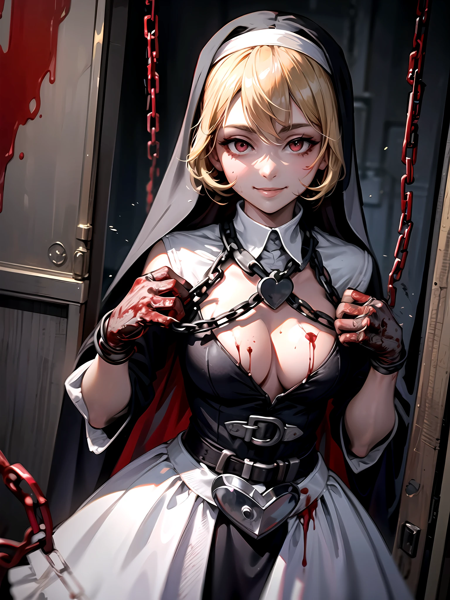 red eyes, blonde hair, nun, white gloves,smile, dress, habit, association, indoors, torture room, masterpiece, chains, blood, holding a bloody heart, best quality, ultra-detailed, high resolution, super detailed skin, perfect anatomy, detailed, novel illustration,