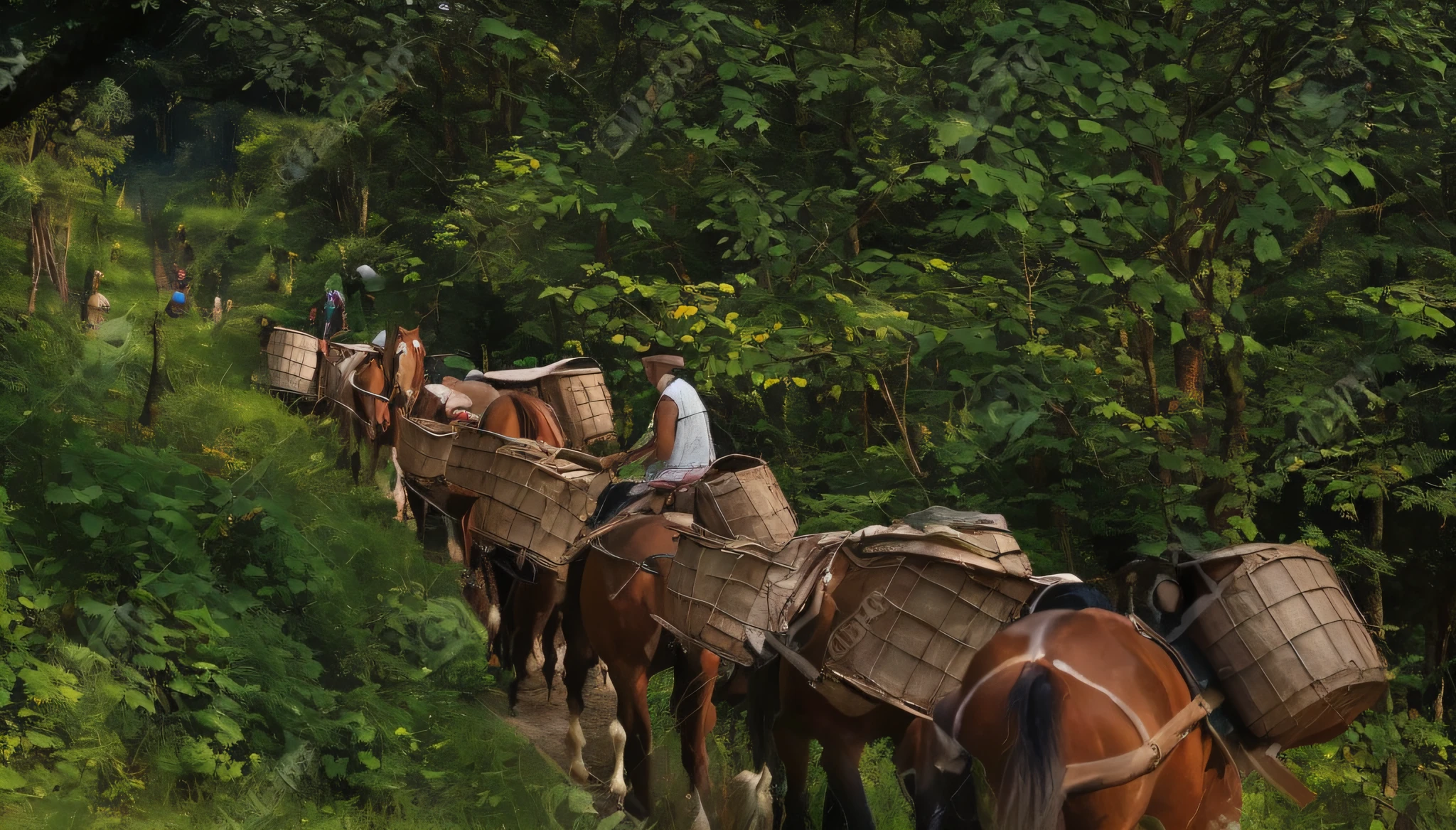 horses carrying baskets on a trail in the woods, villagers busy farming, carriages with horses, ( ( illustration, village, farming, in the early morning, 278122496, galloping through the forest, by Dietmar Damerau, by Edwin Georgi, walking down, sha xi