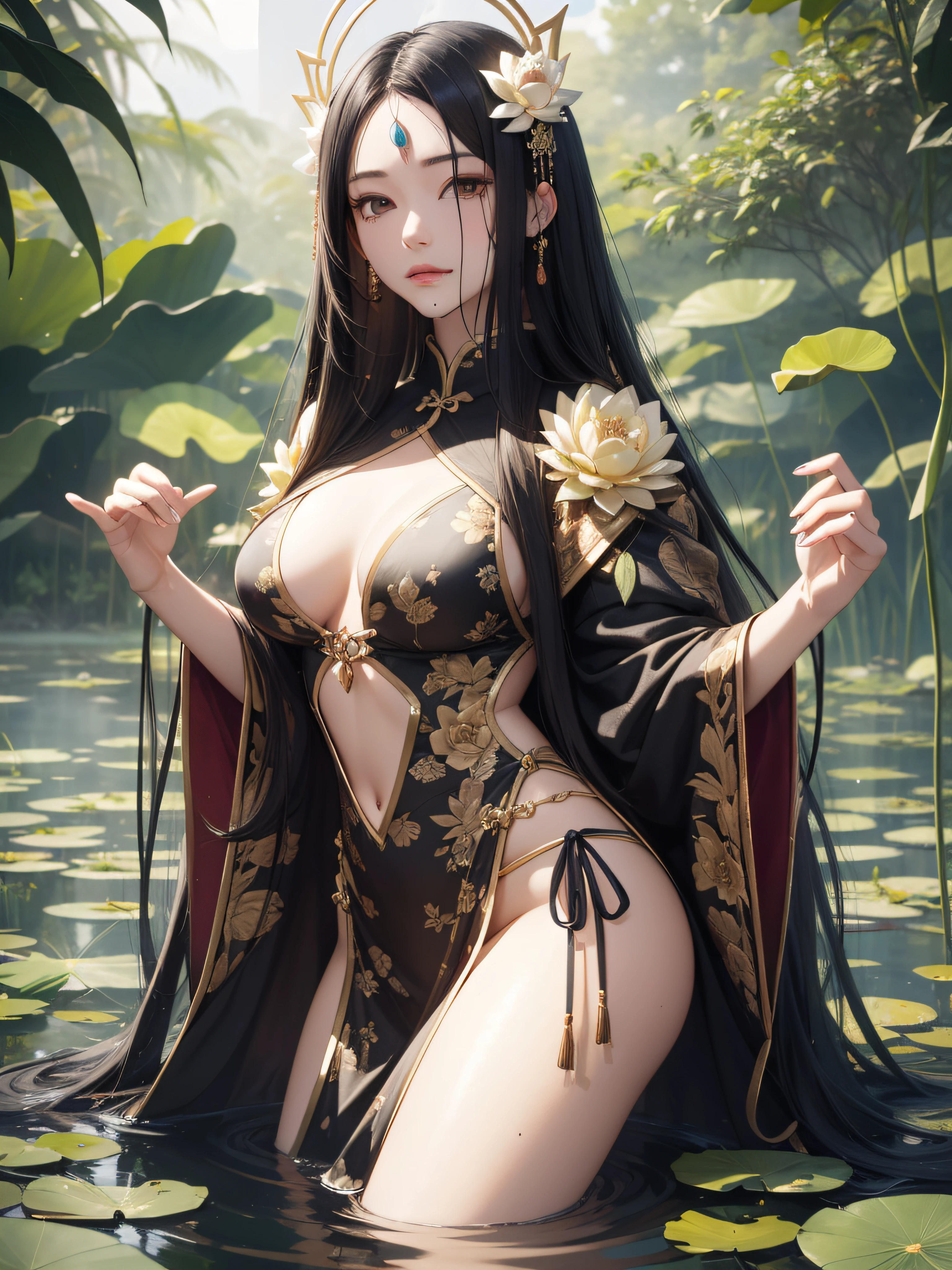Masterpiece, realistic, beautiful payback princess wearing a thin beautiful feather robe with ultra-long hair of black hair in Chinese style in a lotus pond shining in the moonlight, looking down at the viewer with dim eyes, large hair ornament in the shape of a Chinese lotus, divinity wearing halo, in the evening mist, 20 years old, dull eyes, photorealistic, ideal hair luster, whole body, mole on mouth