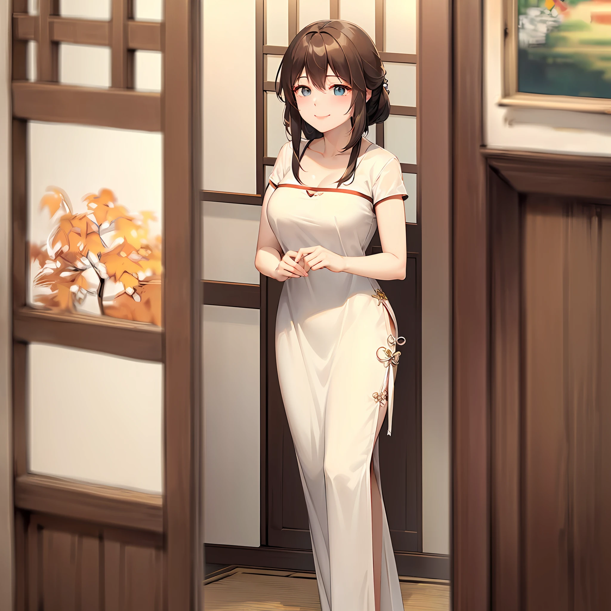 ( A 30-year-old middle-aged woman dressed in white standing in a room in rural China: 1.5 ) ( With a shy smile on her face, looking at the camera: 1.7 ) ( Single, middle-aged women: 1.9 ) ( Full body display: 1.8 ) (Face close-up: 1.9) (Masterpiece, Masterpiece: 1.5 )