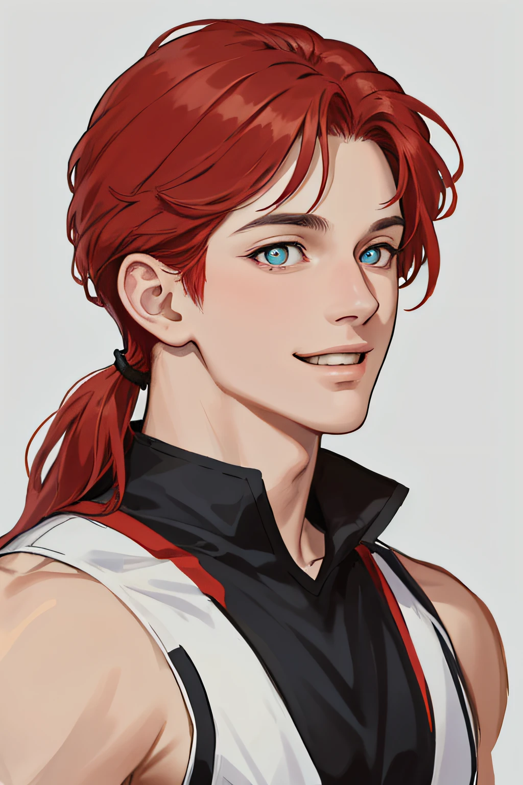 Masterpiece, best quality, realistic, very detailed face, cold beauty, smile, red hair, blue pupils, short shoulder-length hair, male focus, portrait, tall muscles, (gray background), 1man, white sportswear, exuded