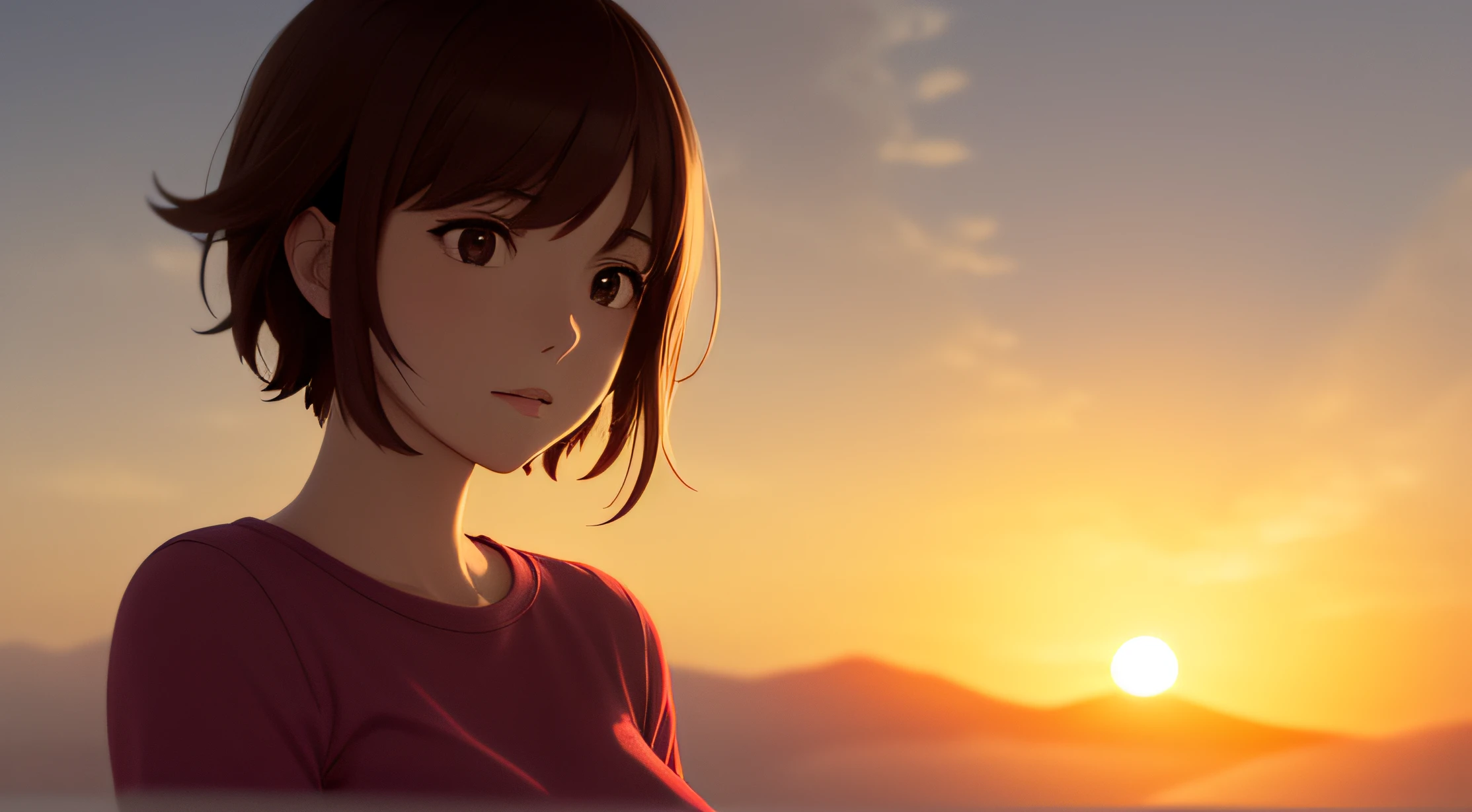 Very detailed and accurate anime style illustration, very beautiful young woman face, brown short hair, perfectly round gray eyes, pink shirt, fantastic huge cage overlapping clouds dyed in the background of the setting sun, intense red color, dramatic backlight, Makoto Shinkai anime style.