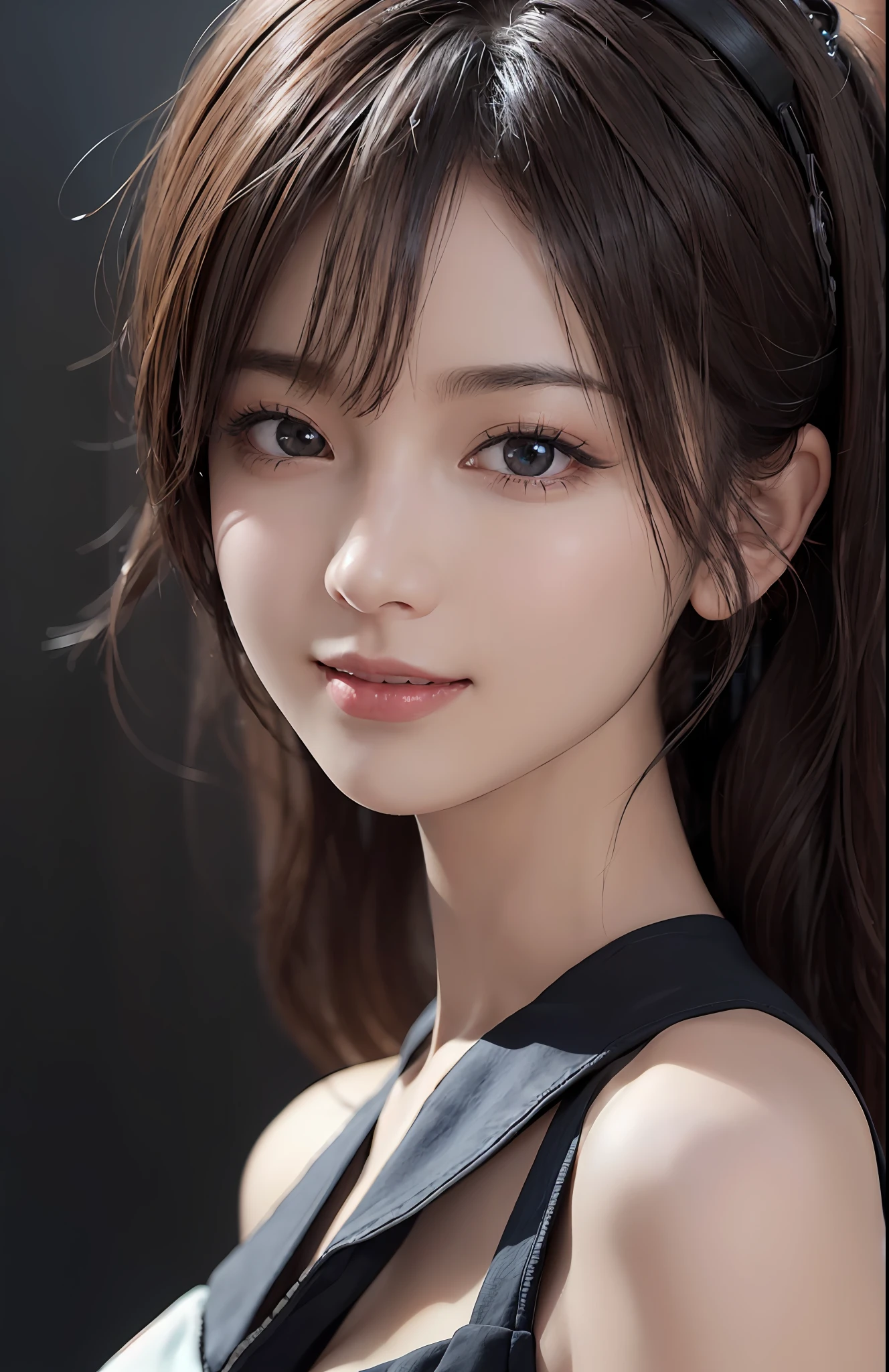 masterpiece, 1 beautiful girl, detail, swollen eyes, best quality, ultra high definition, (reality: 1.4), original photo, 1girl, movie lighting, smile, Japan, Asian beauty, korean, neat, very beautiful, slightly young face, beautiful skin, slender, cyberpunk background, (ultra realistic), (illustration), (high resolution), (8K), (very detailed), (best illustration), ( beautiful and detailed eyes), (super detail), (wallpaper), (detailed face), looking at the viewer, fine details, detailed face, deep shadow, discreet, pureerosfaceace_v1, smile, 46-point diagonal bangs, looking straight ahead, neat clothes, black color eyes, mouth open
