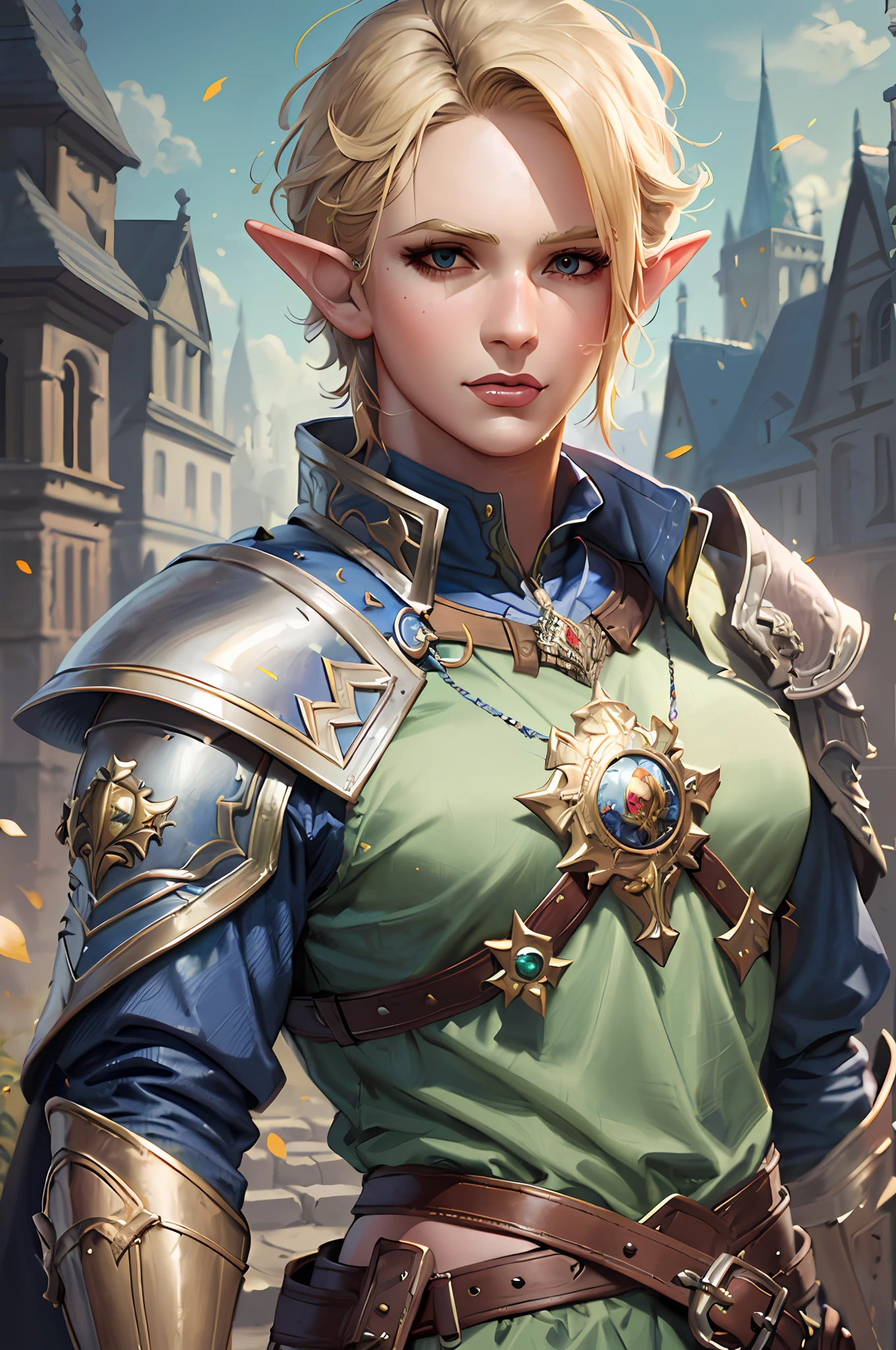 blond haired woman in armor with sword and shield in front of a castle, portrait of female paladin, alexandra fomina artstation, portrait female elf wizard, portrait knight female, artgerm julie bell beeple, female elf, ig model | artgerm, portrait of a female mage, cushart krenz key art feminine
