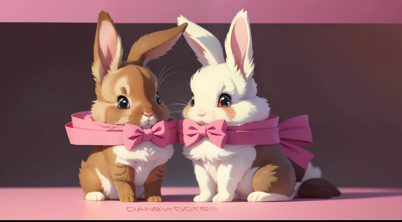 Cartoon anime, two-dimensional style, flat style, two furry cute little bunnies, one of which has a pink bow