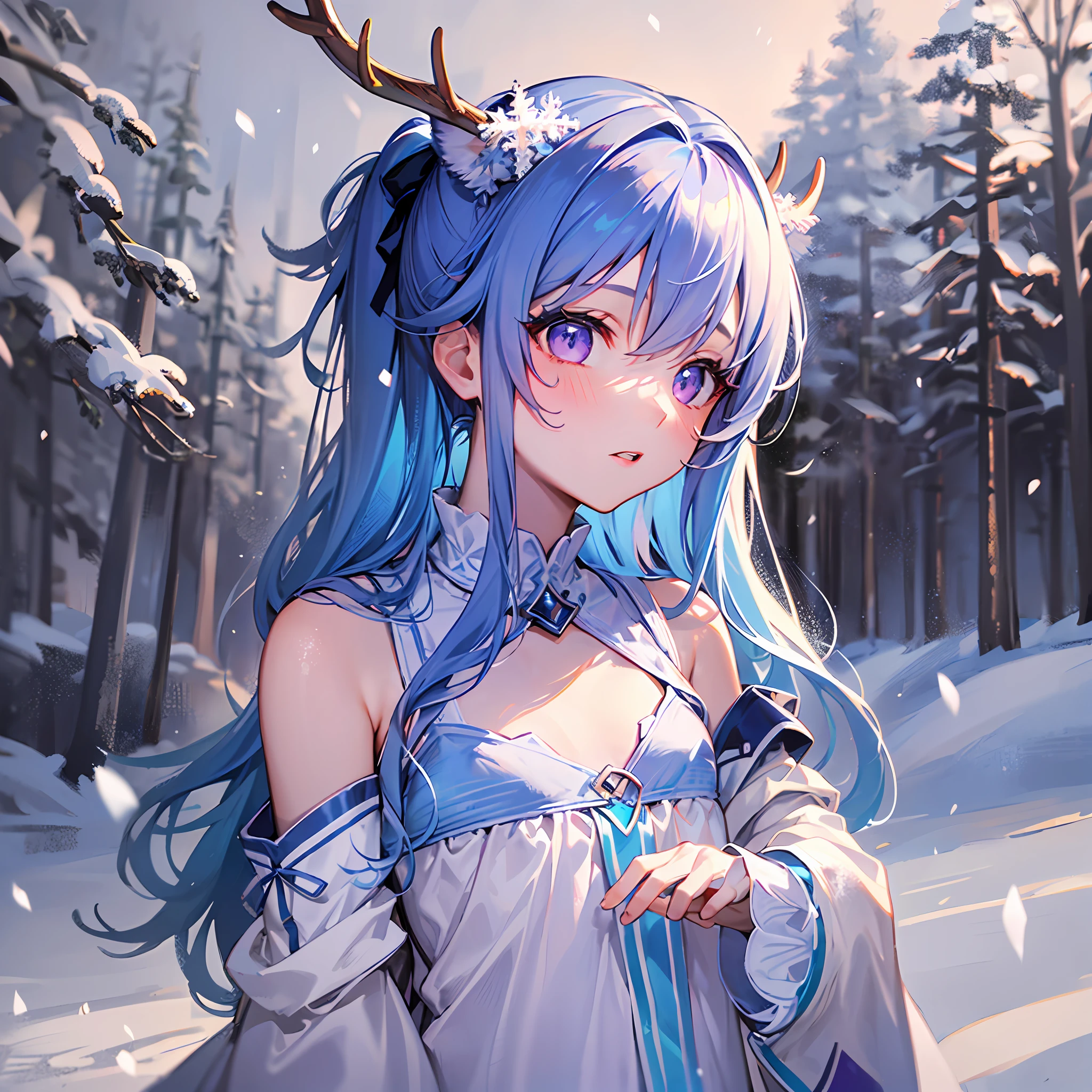 Girl, (light blue long hair), (high ponytail)), purple eyes, (blue and white long dress), antler headdress, heavy snow, snowflakes, aesthetic, highest quality, light and shadow effects, ((flat chest))