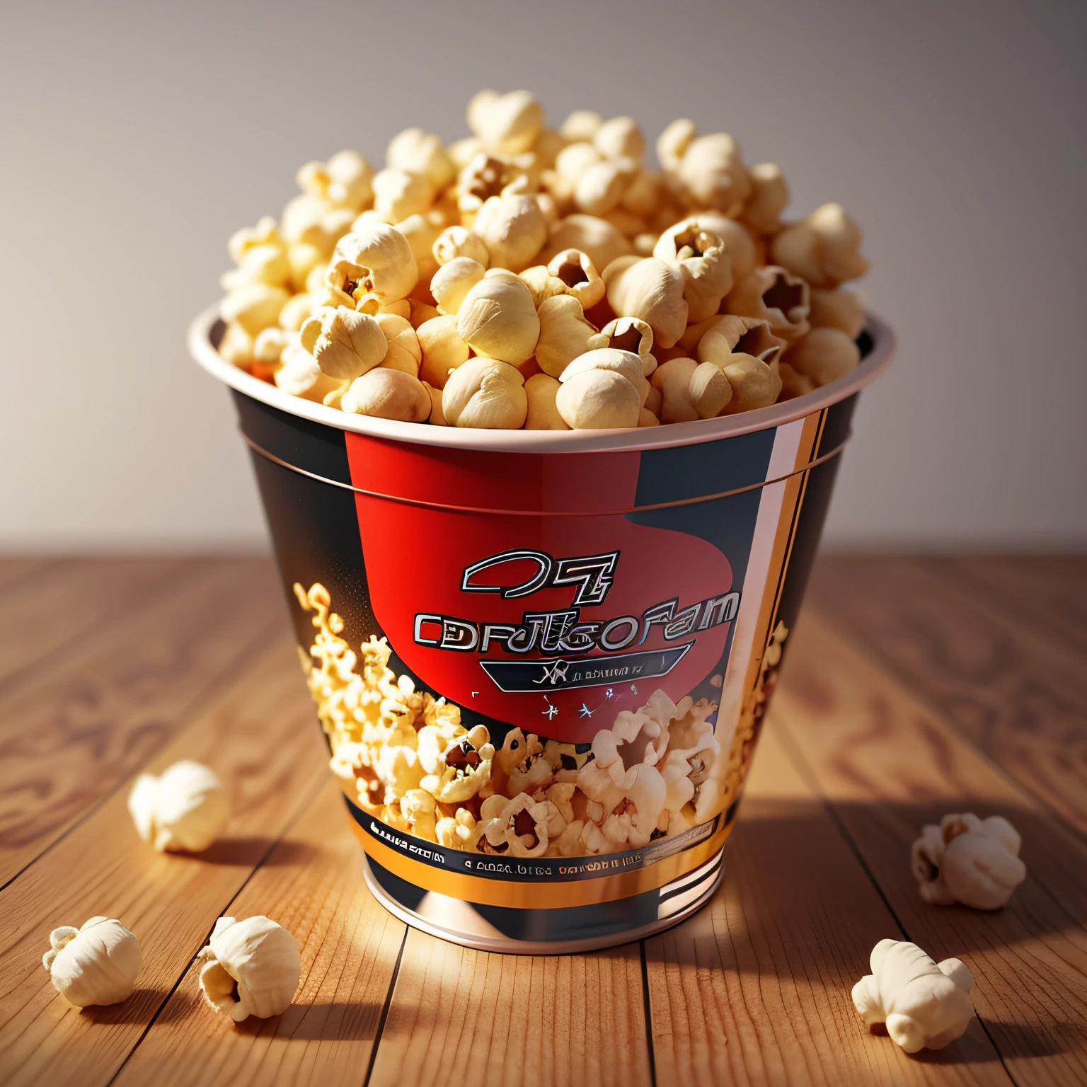 there is a bucket of popcorn sitting on a table, realistic cinema 4 d render, 3 d product render, photorealistic cgi, crisp detailed 3 d render, photorealistic 3 d render, photorealistic 3d render, octane cinema 4 d render, octane cinema 4d render, photorealistic render, 3 d photorealistic render, product render, photorealistic rendering