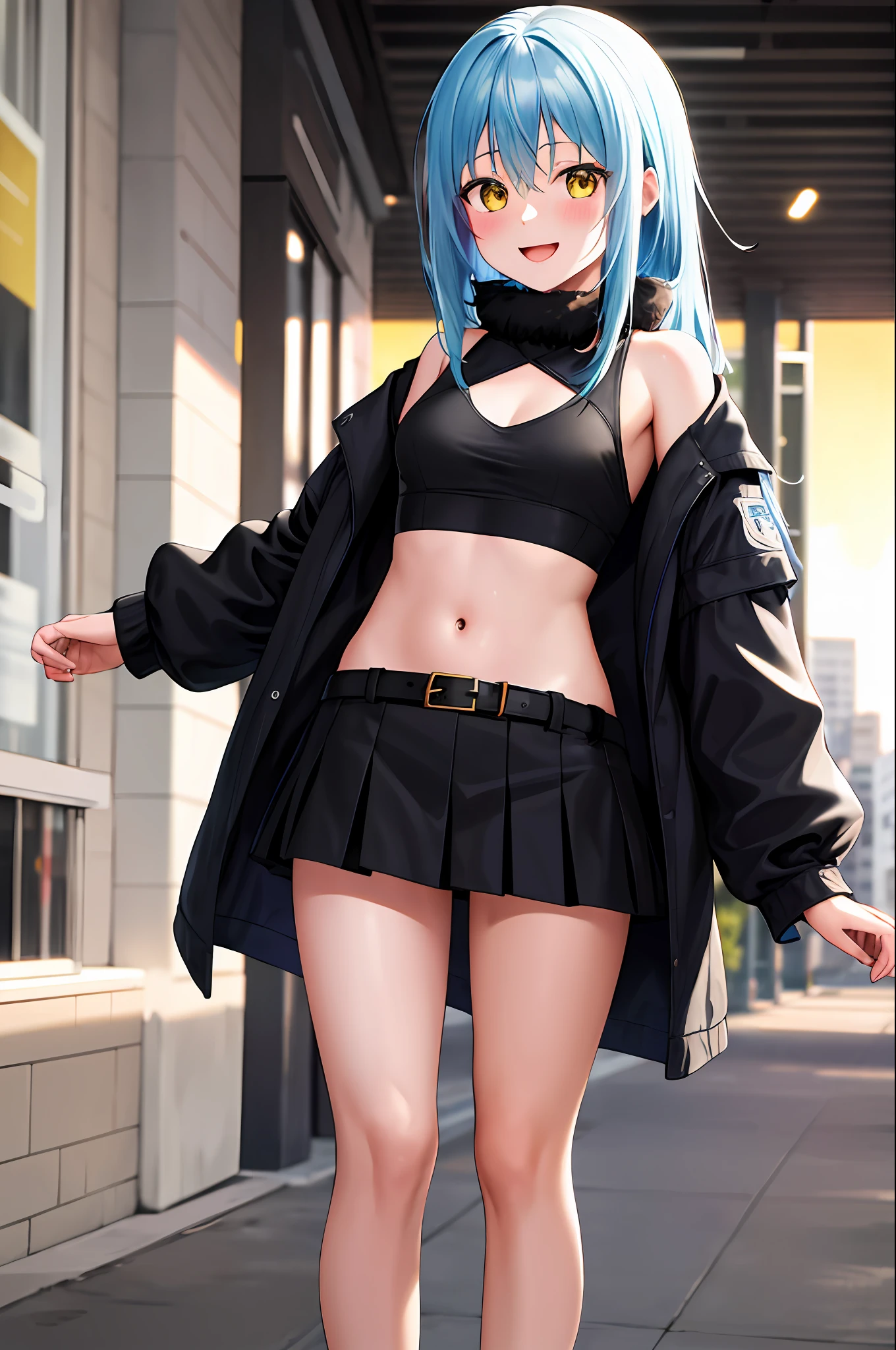 masterpiece, best quality, highres, rimuru tempest, blue hair, long hair, medium breasts, jacket, modern crop top, bare shoulder, show stomach, belt, pleated skirt, cowboy shot, standing, looking at viewer, city road, outdoor, modern city road, blush, shy, smile, open mouth,