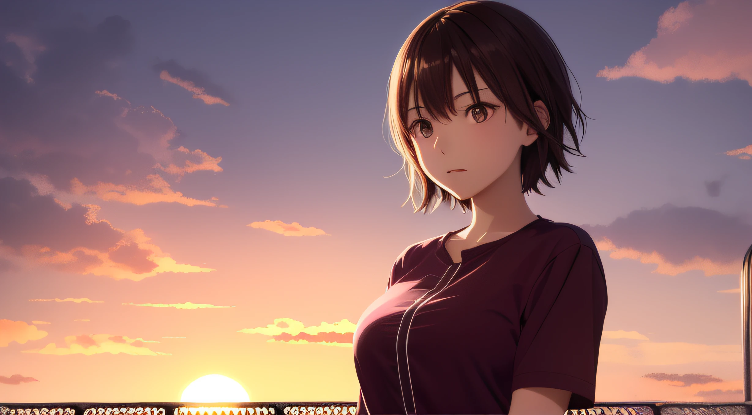 Very detailed and accurate anime style illustration, very beautiful young woman face, brown short hair, perfectly round gray eyes, pink shirt, fantastic huge cage overlapping clouds dyed in the background of the setting sun, intense red color, dramatic backlight, Makoto Shinkai anime style.