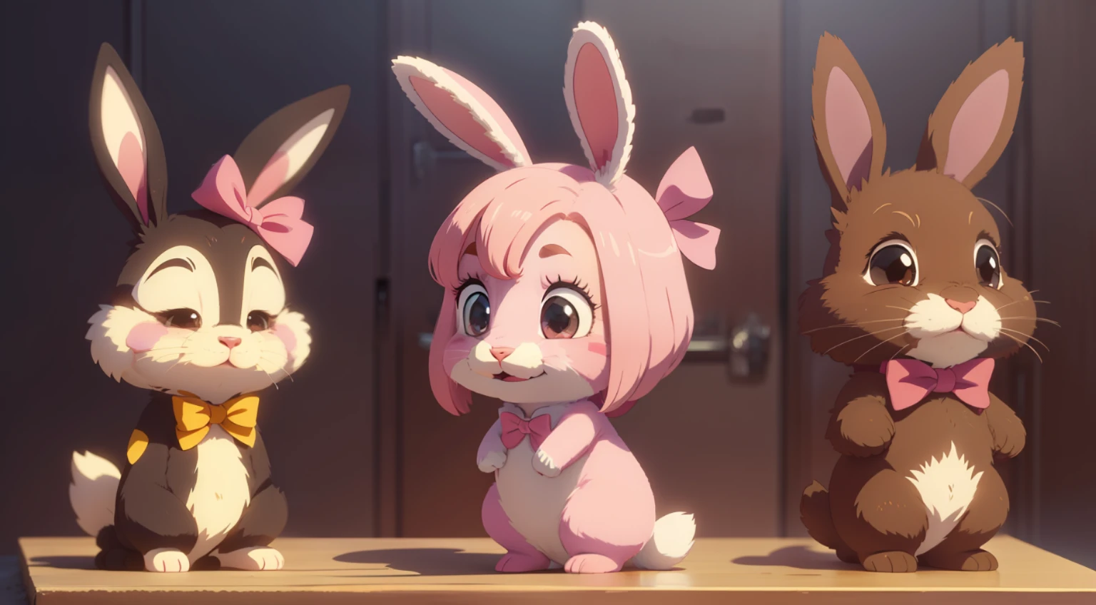 Cartoon anime, two-dimensional style, flat style, two furry cute little bunnies, one of which has a little bunny with a pink bow, happy expression, smile, round eyes