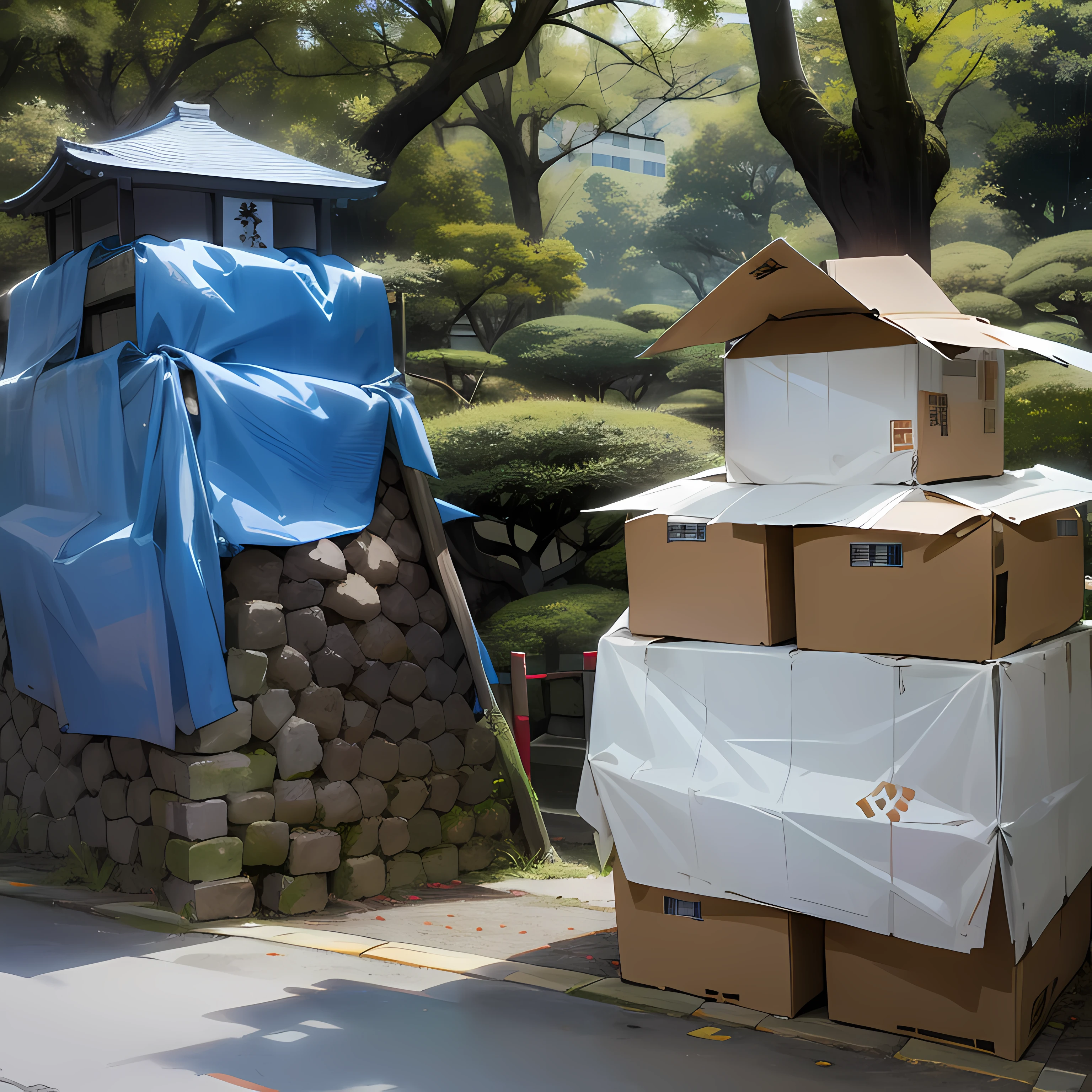 In the pouring rain in Tokyo, two handmade traditional Japanese castles stand high on pedestals on a street directly in front of the Japan National Diet Building, with its lush surrounding park. The castle on the right is the covered in cheap industrial blue tarp, where traditional white shapes are emerging. The castle on the left, constructed from pasted-together pieces of corrugated cardboard as Amazon box, is shaped like a keep. Both castles, displaying signs of discoloration and deterioration from weather exposure, all bathed in the soft light of the afternoon. 一時的な芸術、ブルーシートで全体が覆われている日本の伝統的な城のような形をした建造物と、ダンボールでつくられた日本の伝統的な城があります、超高画質、ハイレゾリューション、ファインディティールなレンダリング、写実的な写真