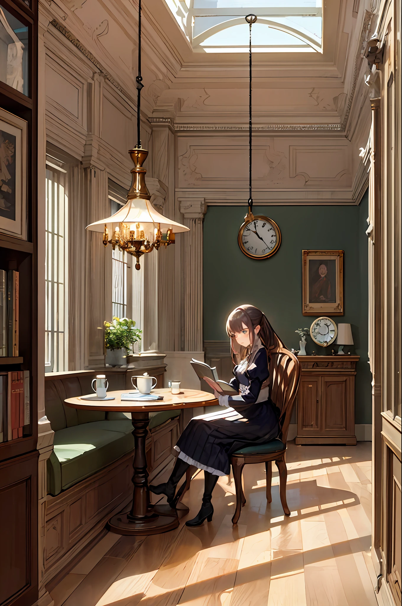 (8k, RAW photo, best quality, ultra detailed CG unity 8k wallpaper,masterpiece:1.2), a girl, 3d, ultra beautiful detailed eyes, Precise iris depiction,ultra-detailed face,Indoors, sitting in a chair and reading, clock, café, brown hair, corset, long skirt, boots, pocket watch, vintage, antique, brass, metal, gear, machine, clockwork, clock tower, glamorous, elegant, classic, sophisticated, calm, meditative, thoughtful, curious, mysterious, enigmatic, cautious, intellectual, book-loving, coffee, cake, pastry, teapot, cup, saucer, table, chair, wallpaper, chandelier, window, sunlight, shadow, contrast, perspective, depth, texture, detail, surrealism, innovative, experimental, atmosphere, atmosphere, mood, nostalgia, historical, cultural, technical, industrial, fantasy, imagination, creativity, artistry, craftsmanship, expression, ultra-detailed beautiful background drawn by professional illustrator,background with a sense of perspective。