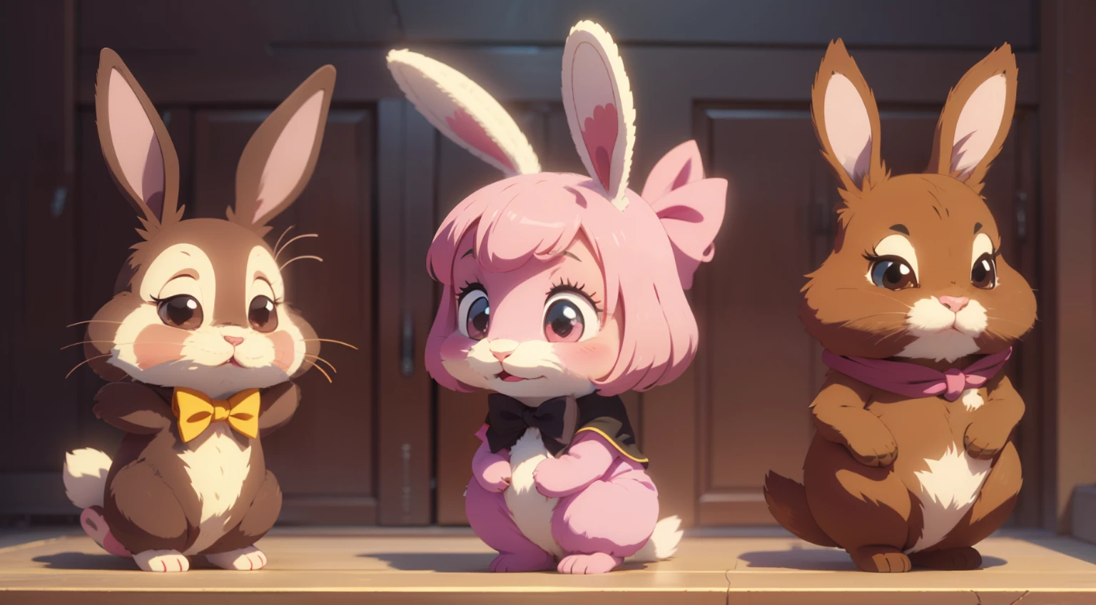 Cartoon anime, two-dimensional style, flat style, two furry cute little bunnies, one of which has a little bunny with a pink bow, happy expression, smile, round eyes