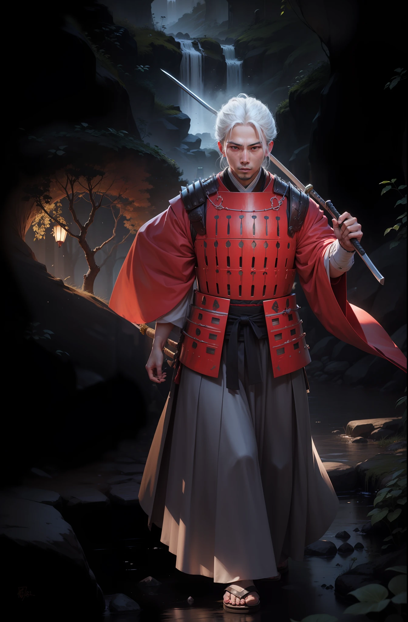 young, samurai armor,4k, white hair