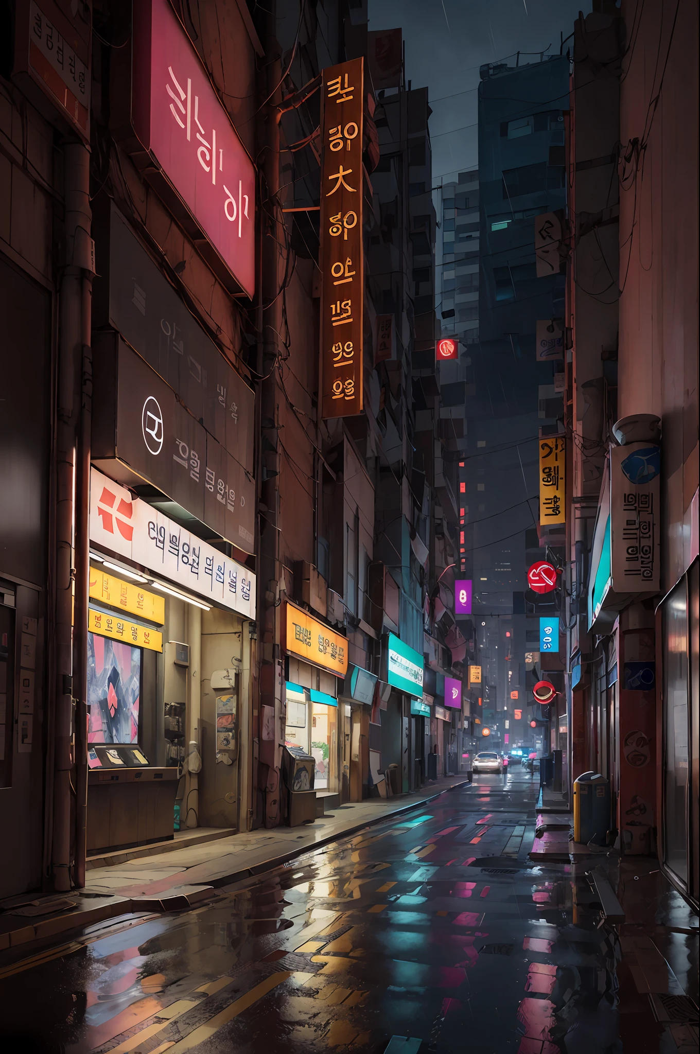 lone ally in seoul,rain, cyberpunk city of science fiction movie, empty street, korean, korean signs, intricate, hyper-detailed, realistic, ultra-realistic, high quality, ultra detail, crazy detail, photographic realism, 8k,