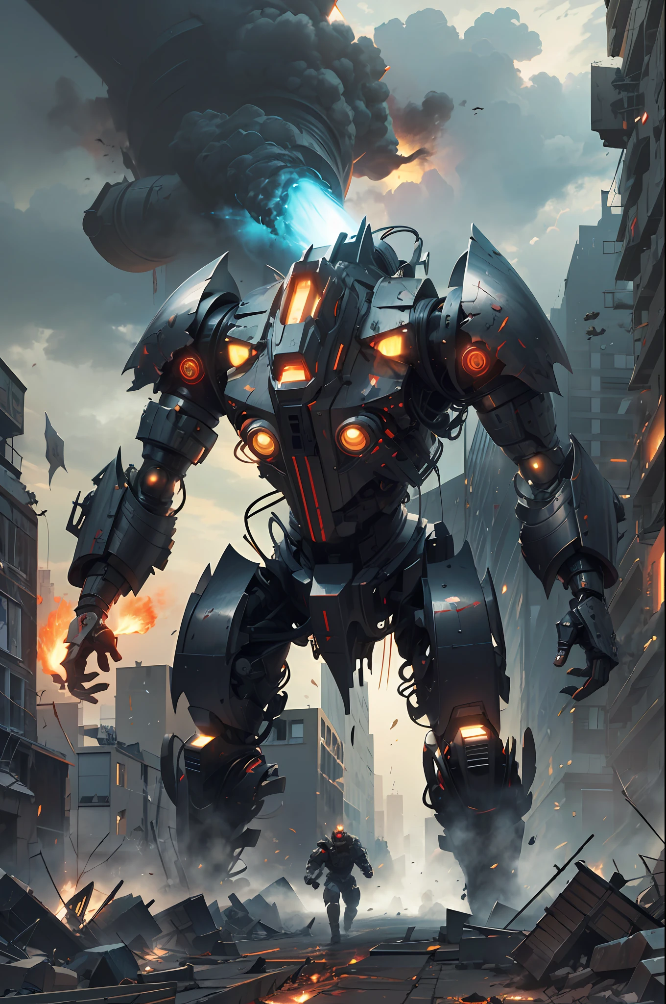 a futuristic hardcore mechanical warrior, battle scene, huge city ruins, smoke, dust, wreckage, skyscraper collapse, black clouds, lightning, solid armor, metal plates, mechanical parts, cold light, red eyes, superhuman strength, speed, giant weapon, explosion, destruction, agility, precision pace, hand-to-hand combat, metal collision sound, smooth action, gorgeous, clash, tension, sense of power, sense of speed, destructive power, aesthetics,, best quality, masterpiece, super high resolution, intricate details, 8K resolution, Photorealistic, Realistic 1.4, HDR, (High Light Glow: 1.2)