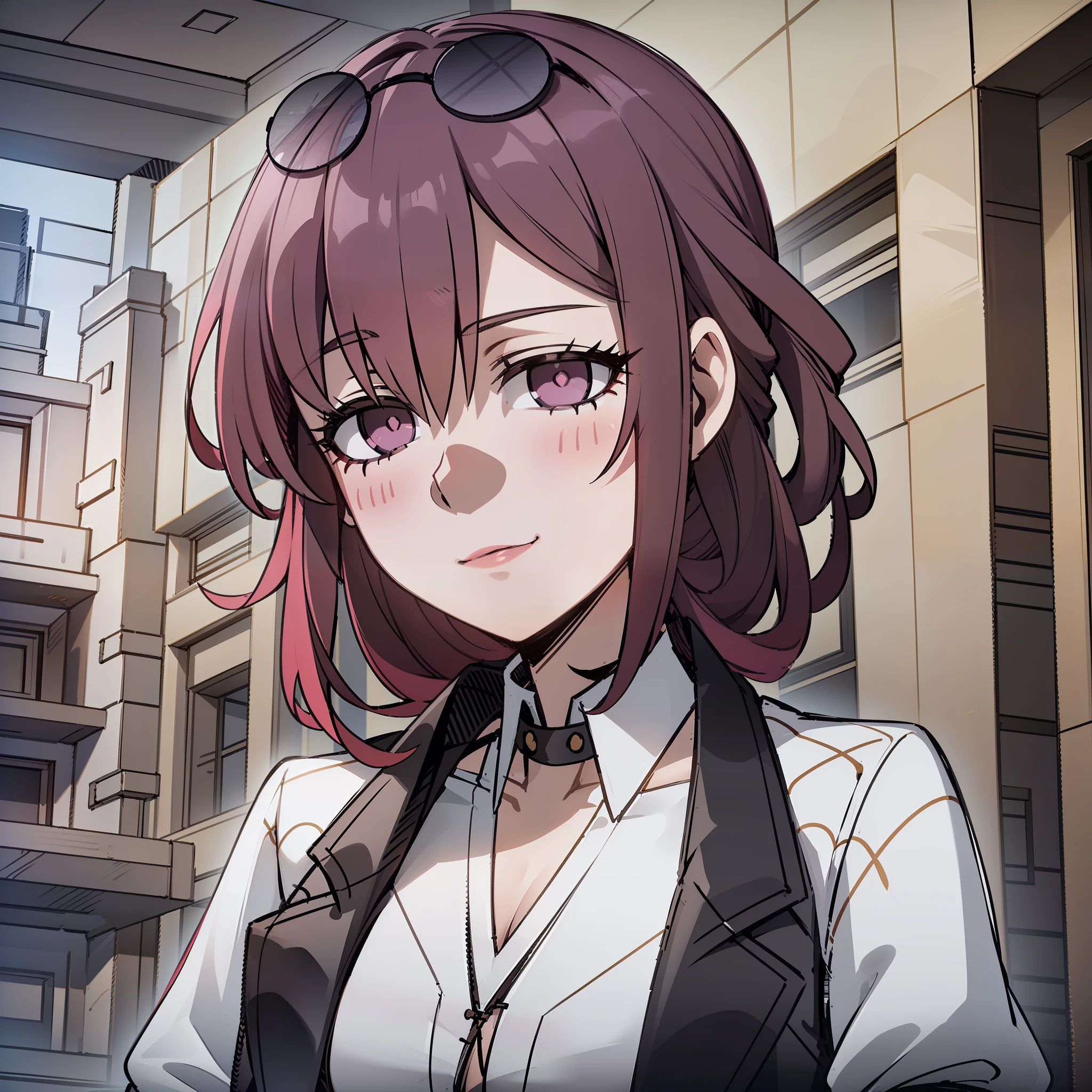 (1girl), (purple hair), (sunglasses on head), (white shirt), (purple eyes), (Kafka), (star reil), ((straps))