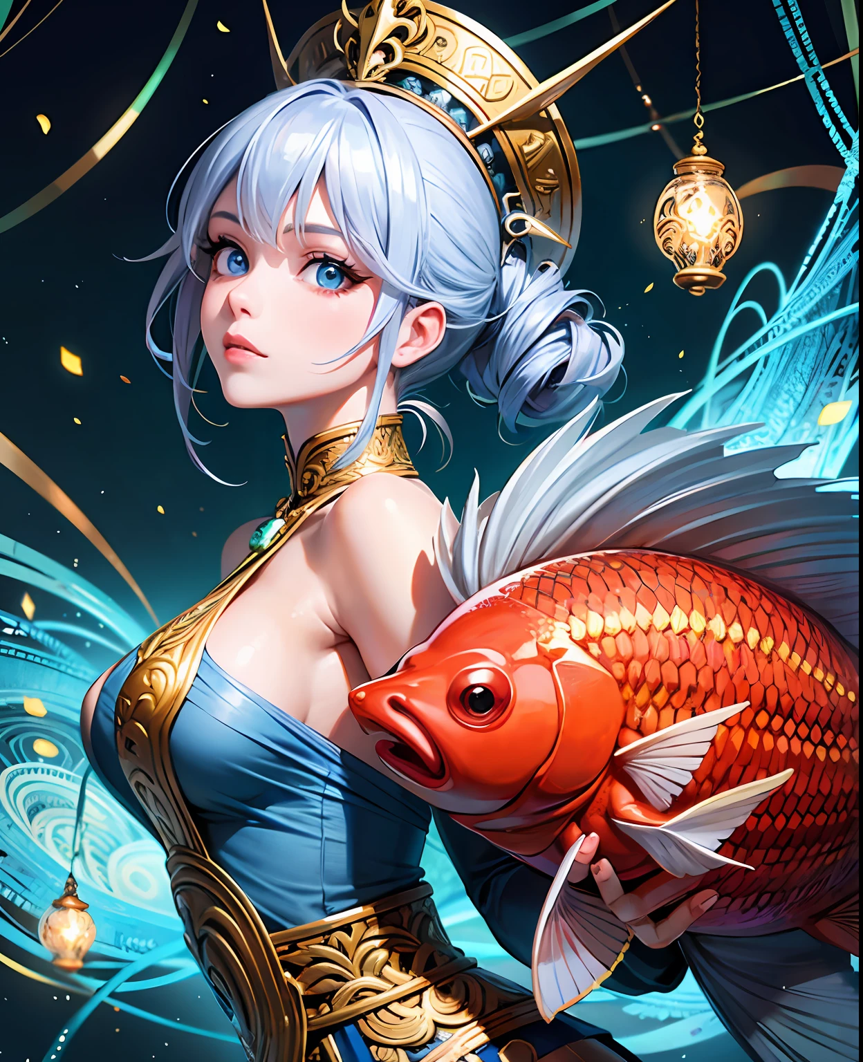 Silver girl, background of two carps, unified 8k wallpaper, super detailed, beauty and aesthetics, high quality, beauty, masterpiece, best quality, (zentangle, mandala, tangled, entanglement: 0.6)