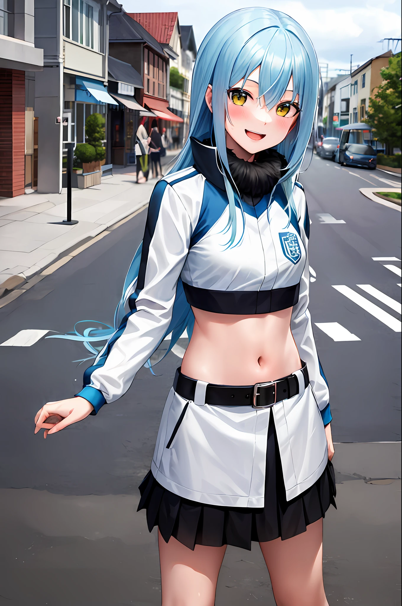 masterpiece, best quality, highres, rimuru tempest, blue hair, long hair, medium breasts, jacket, modern crop top, cleveage, show stomach, belt, pleated skirt, cowboy shot, standing, looking at viewer, city road, outdoor, modern city road, blush, shy, smile, open mouth,
