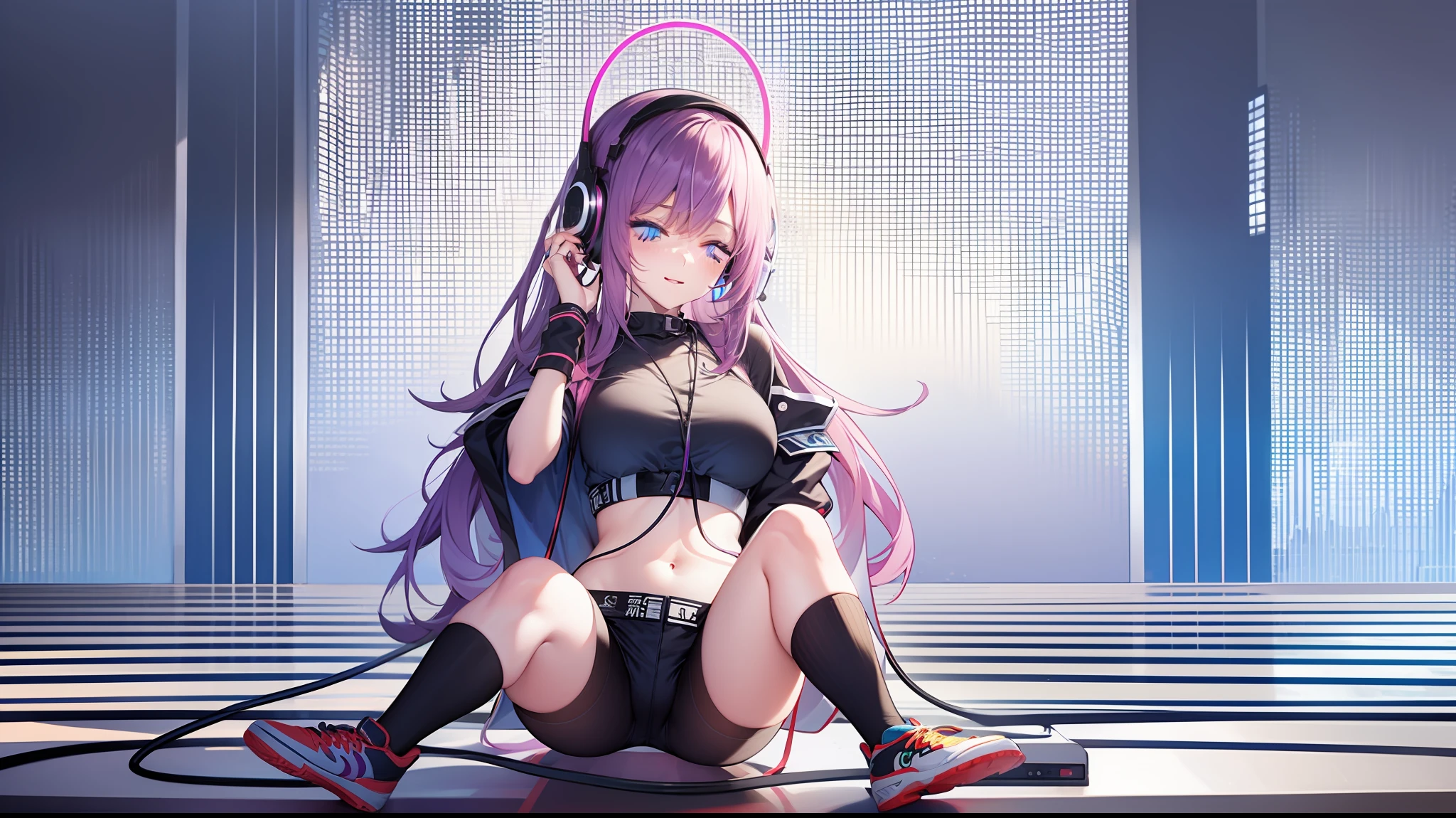 Woman with peace sense headset, closed eyes, beautiful face, RGB colors, bright purple hair, anime, banner for youtube video, happy girl, clouds with RGB colors, bright RGB colors.