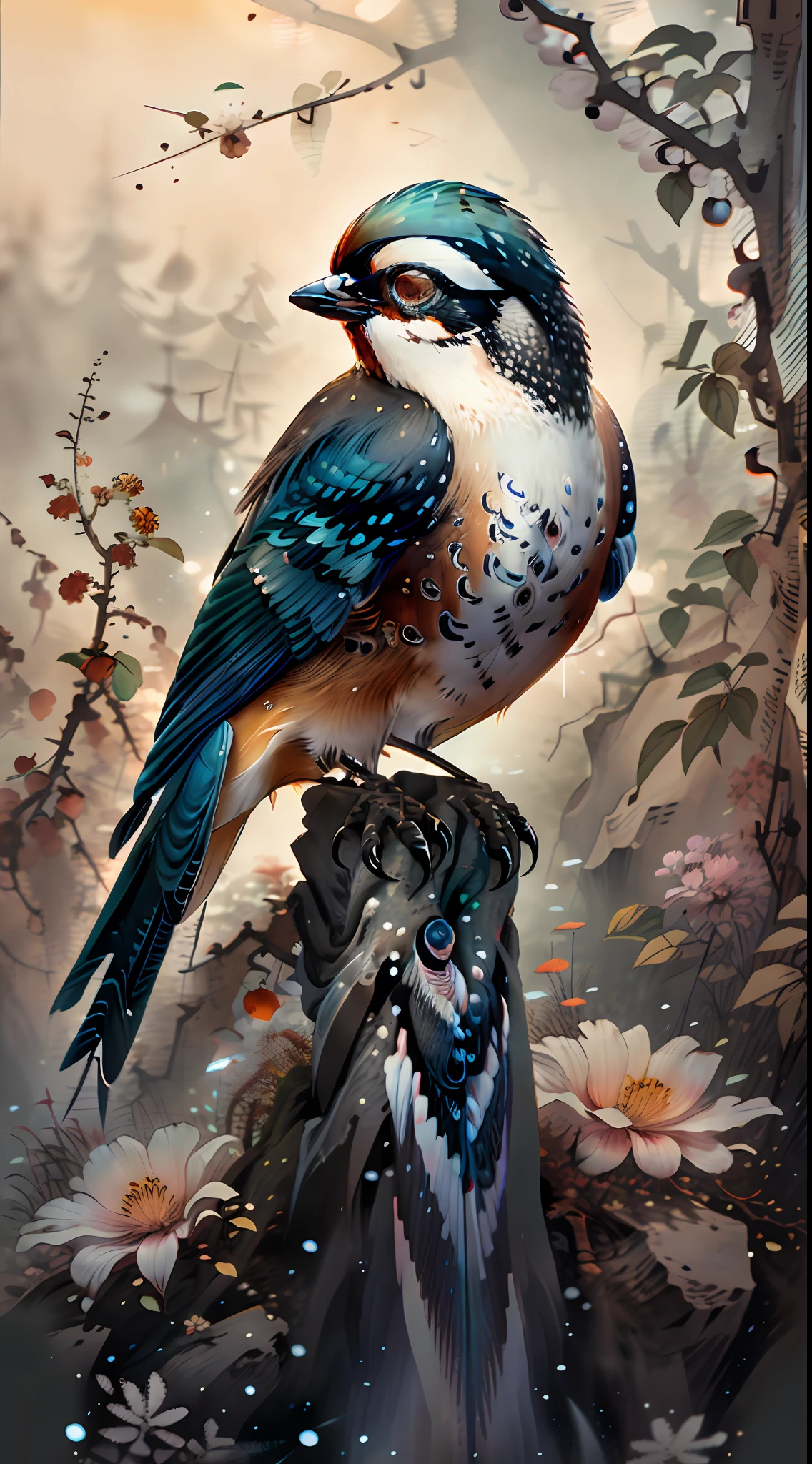 Magpie, a type of bird, magpie with branches in the forest, vista, bokeh flowers in the background, sunrise, vista, 8k, beautiful, colorful, masterpiece, top quality, best quality, official art, beautiful and beautiful,