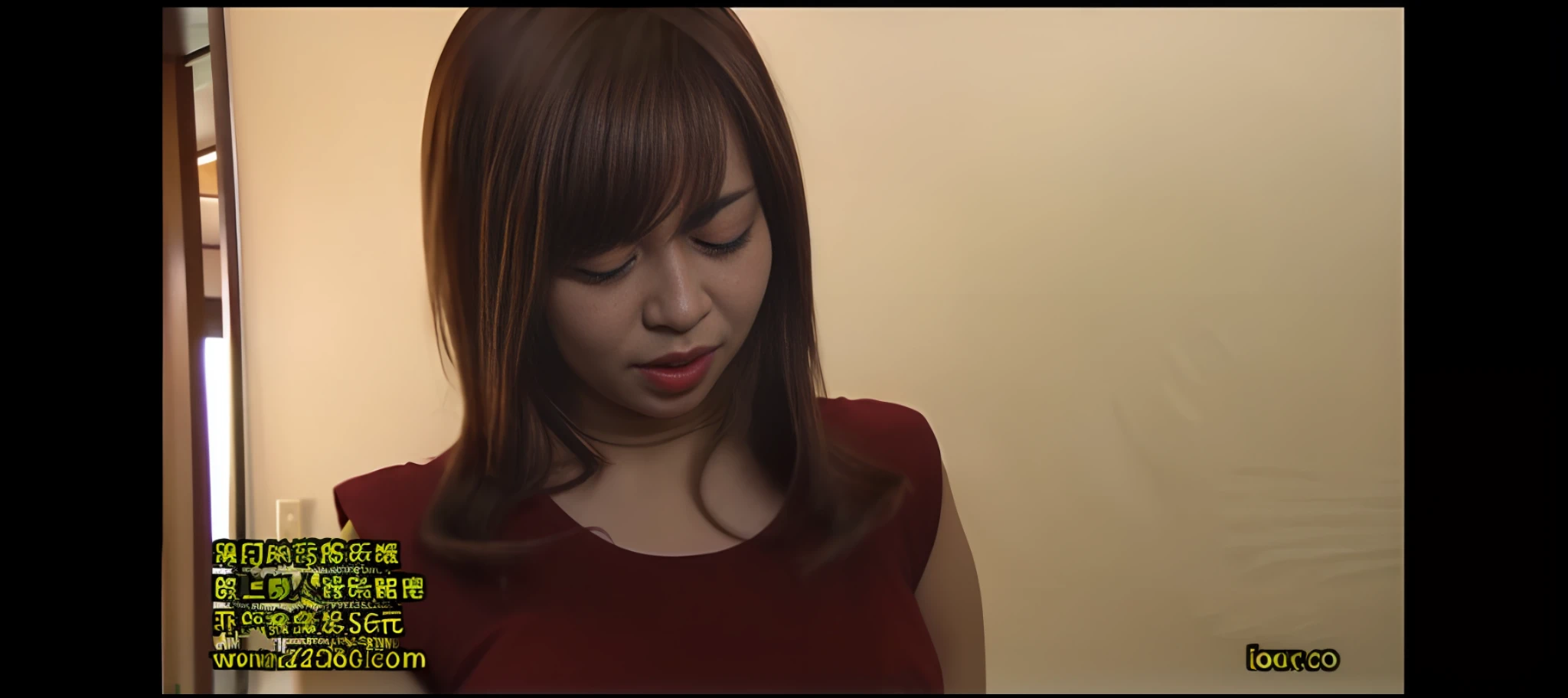 a close up of a woman in a red shirt looking at her cell phone, in a japanese apartment, 3 0 years old woman, 30 years old woman, けもの, japanese woman, 奈良美智, japanese model, japanese, she is about 30 years old, she is about 3 0 years old