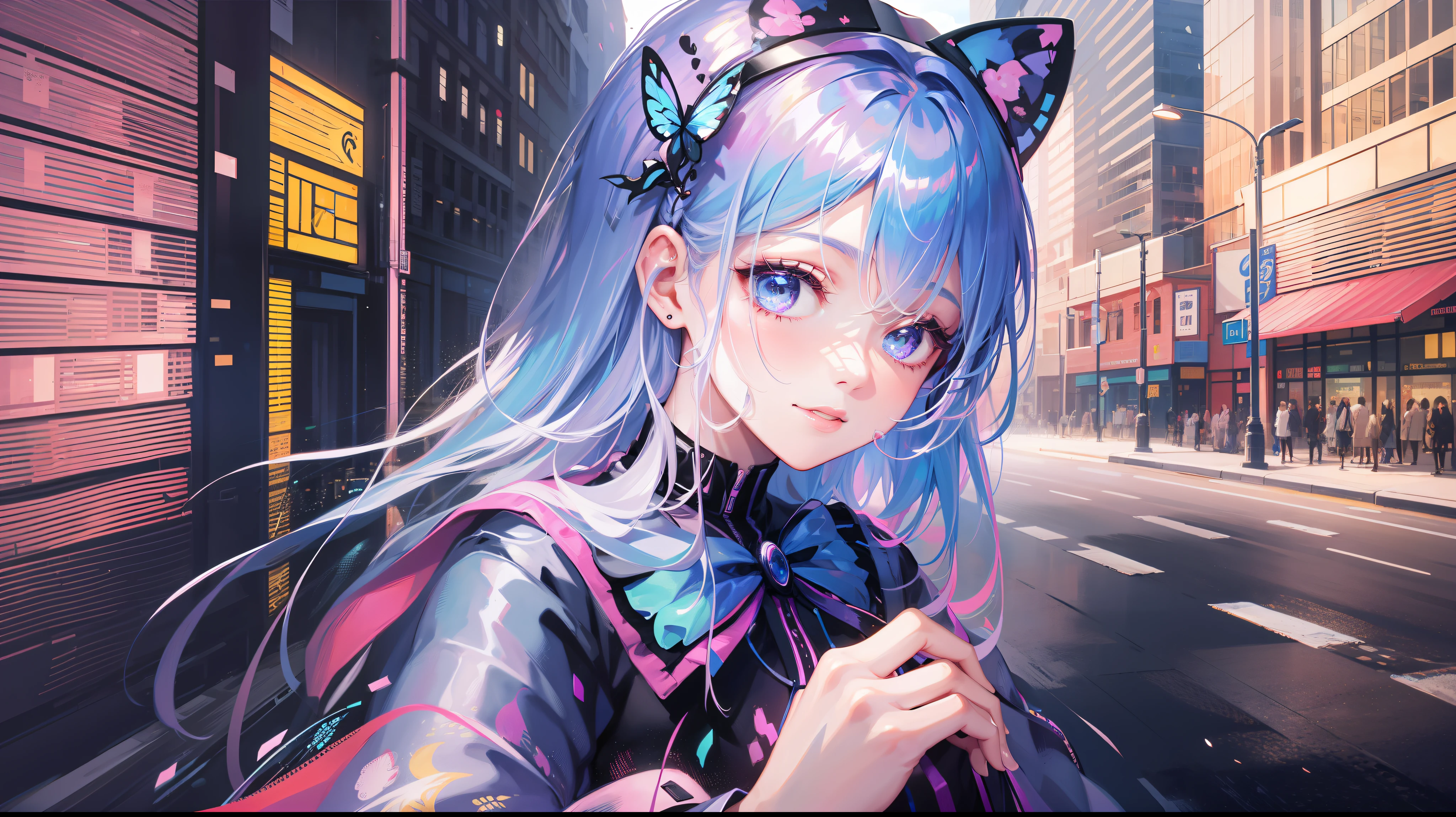 Woman with peace sense headset, closed eyes, beautiful face, RGB colors, bright purple hair, anime, banner for youtube video, happy girl, clouds with RGB colors, bright RGB colors.