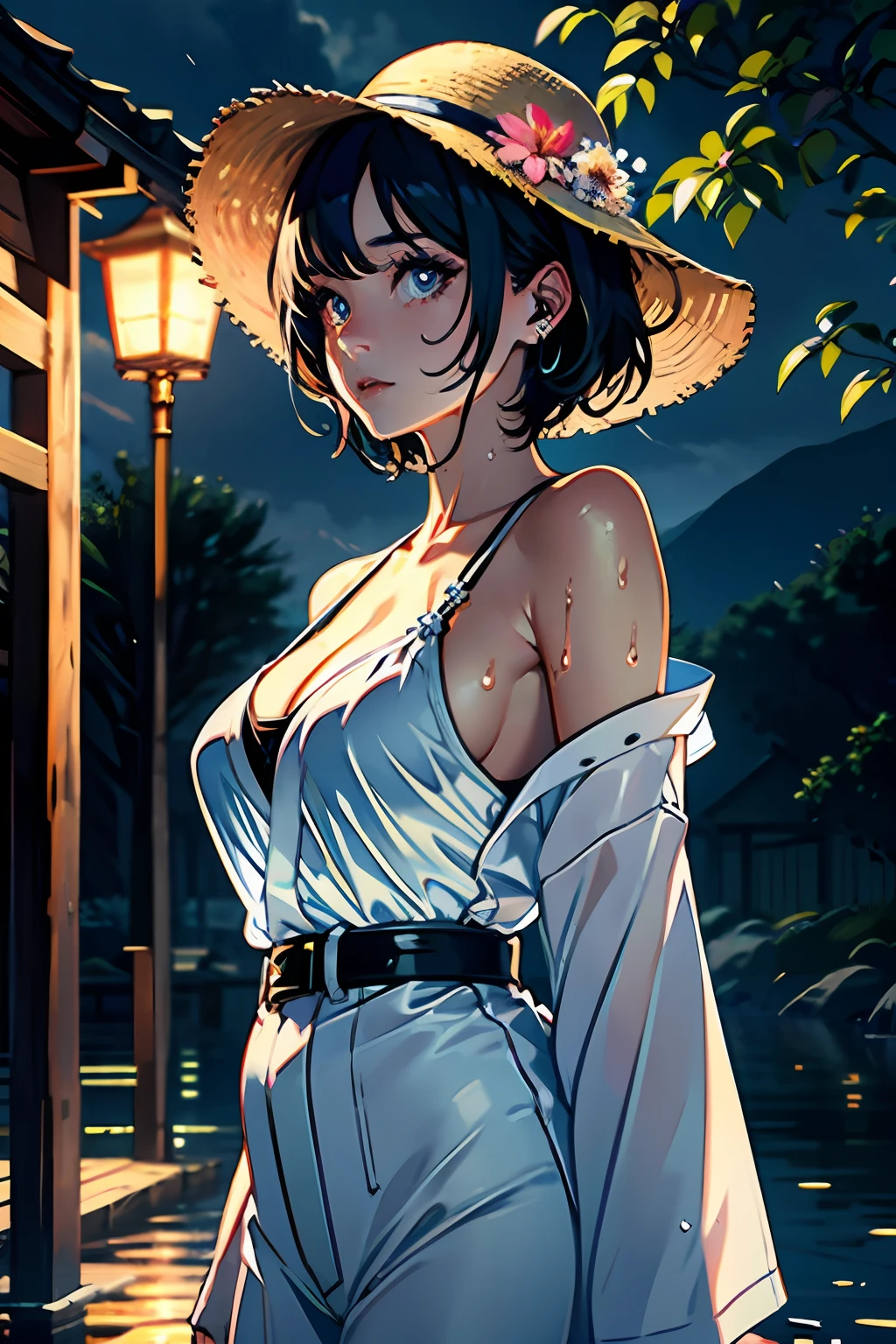 Hojoji style, short hair bikini girl, wearing sunglasses and straw hat, textured skin shiny, fusion of hyper-realistic painting, delicate brushstrokes, plain white background, photorealistic painting, breasts, moon, lantern, night, solo, room, hair accessory, wet, kimono, japanese clothes, wading, water, hair flower, flower, outdoors, sky, full moon, rain, brunette hair, not shoulders, mountains, clouds, holding, belt, bare shoulders, paper lantern, standing, white kimono, night sky, side chest, belt, wet clothes, bangs, tree, from the side, reflection, short hair, cloudy sky, wet hair (((masterpiece), (very detailed CG Unity 8k wallpaper), best quality, solo, 1girl, cinematic lighting, detailed background, beautiful detailed eyes, bright pupils, (very delicate and beautiful), (beautiful and detailed eye description), super detailed, masterpiece,)),