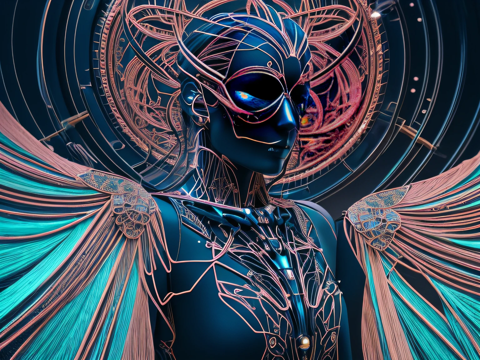 Intricate 3D Rendering Ultra Detailed Beautiful Angel of Death, Biomechanical Robot, Simulated 150mm Lens, Beautiful Natural Soft Rim Light, Neon Veins, Roots, Delicate Leaf Lace, Colorful Details, Boris Bidjan Saberi Costume, Pearl Earrings, Piercings , art nouveau fashion embroidery, intricate details, mesh lines, mandelbrot fractals, facial muscles, cables, microchips, thugs, surreal, octane, volumetric lighting, 8k and post production, red white with a bit Black, metal skull detail, half human figure, iridescent, Glenn Brown style, futuristic room, god power, high angle shot, complex body poses