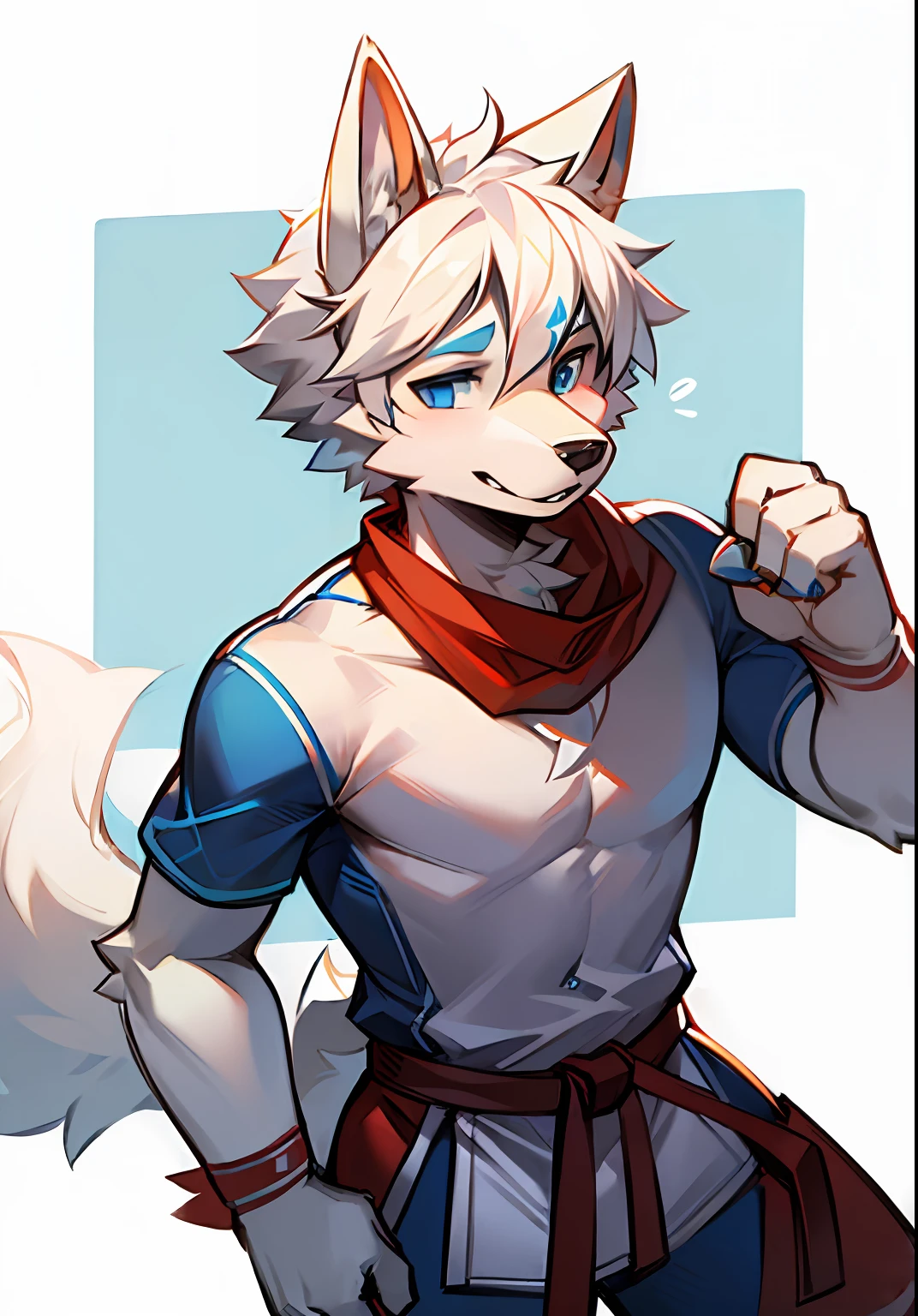 C4ttitude, wearing a white karate costume, red bandana, white hair, some blue patterns on the body, canine male, blue eyes