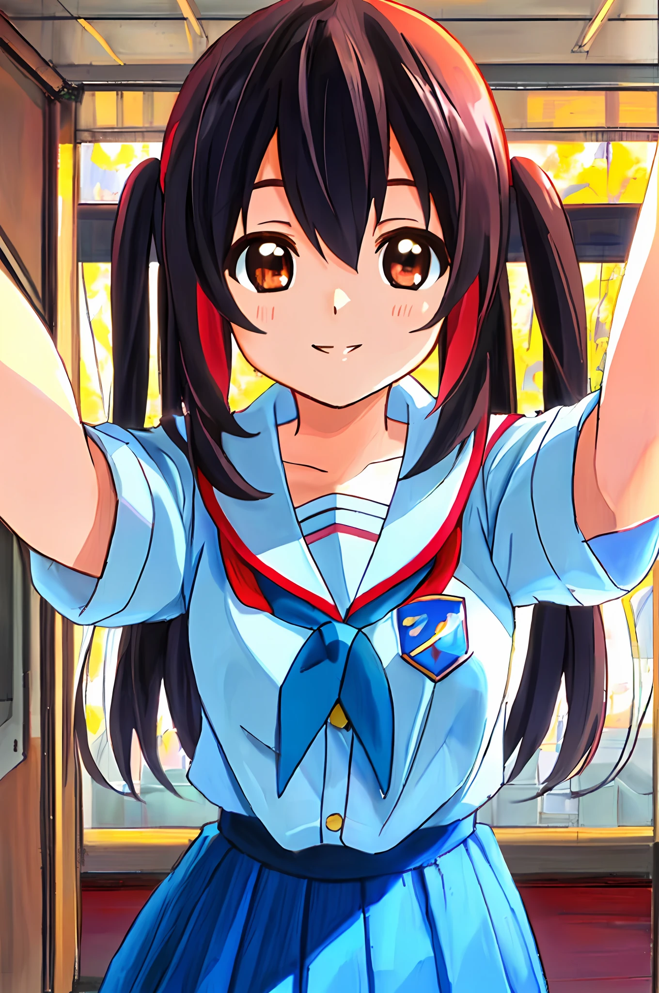1girl, ((((Masterpiece))), Best Quality, Best Quality, High Detail, Azusa Nakano, 1girl, Sakuragaoka High School Uniform, Musical Instrument, School Uniform, Twin Tails, Long Hair, Black Hair, Brown Eyes, Solo, Red, Dark blue blazer with a thin ribbon of red, Solid white button shirt under blazer, Illustration, Cartoon, Soothing tones, Muted colors, Soft cinematic light, Adobe Lightroom, Photo Lab, HDR, complex and highly detailed, (((depth of field))))). (((Masterpiece))). (((highest quality))).) ((super detail))). (((Illustration))). (((Arms outstretched))). (((Proud))). ((((Gentle smile))).