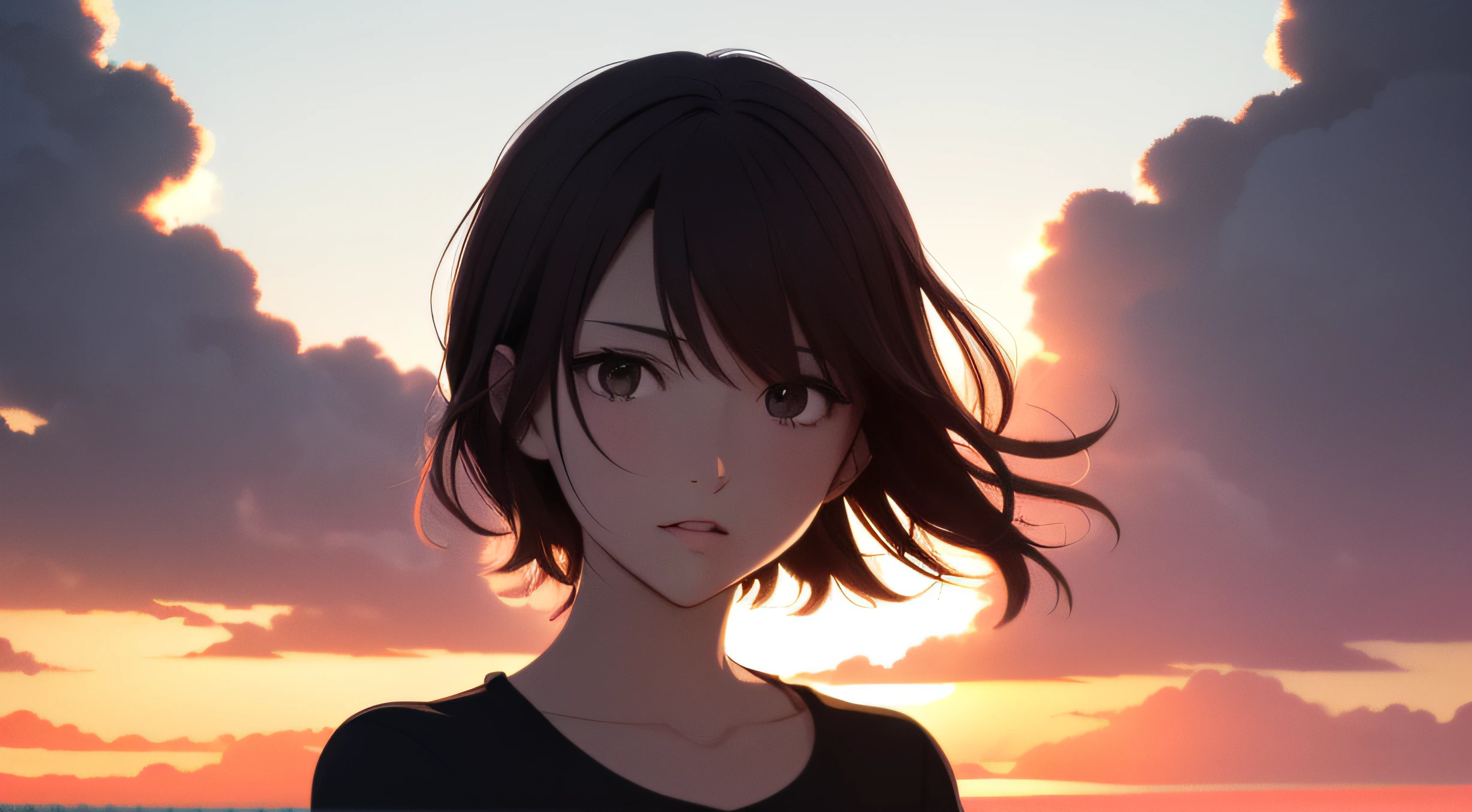 Very detailed and accurate anime style illustration, very beautiful young woman face, brown short hair, perfectly round gray eyes, pink shirt, fantastic huge cage overlapping clouds dyed in the background of the setting sun, intense red color, dramatic backlight, Makoto Shinkai anime style.