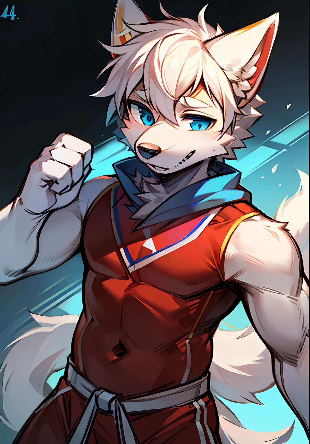 C4ttitude, wearing a white karate costume, red bandana, white hair, some blue patterns on the body, canine male, blue eyes