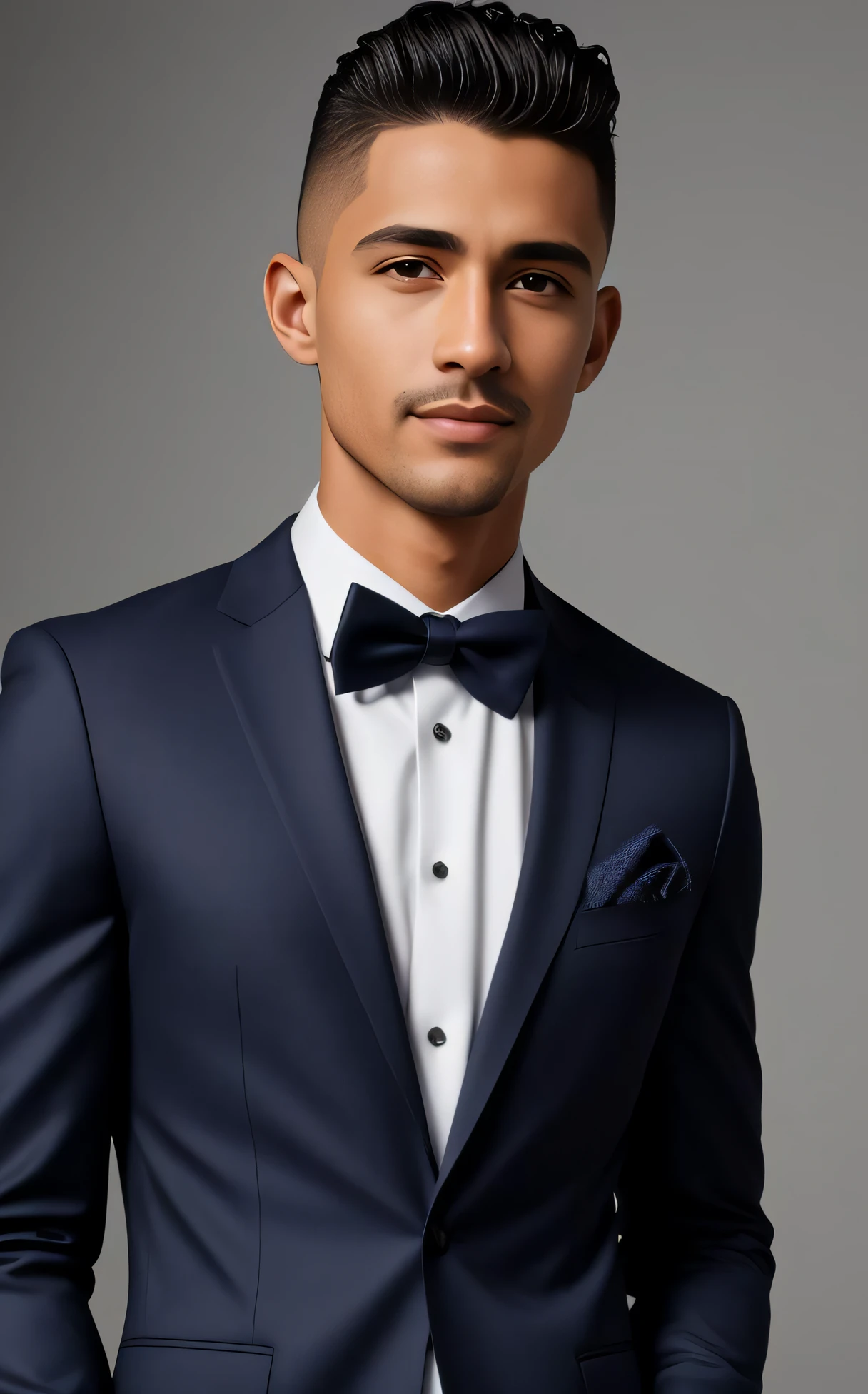 undercucho, headshot, (jacked charlzcjm, bright hazel green eyes), (curly low fade haircut:1.14), (sunburned skin, 5 o'clock shadow) ((smirking, buff)), detailed face, detailed iris, full lips, ((cute, wearing a modern luxury dark navy blue suit, pocket handkerchief, buff, wavy low fade haircut)), ((grey background, symmetrical facial features)), intricate details, studio lighting, 80mm, portrait, shallow depth of field, CEO, smirking, happy 8k uhd, dslr, soft lighting, high quality, film grain, Fujifilm XT3